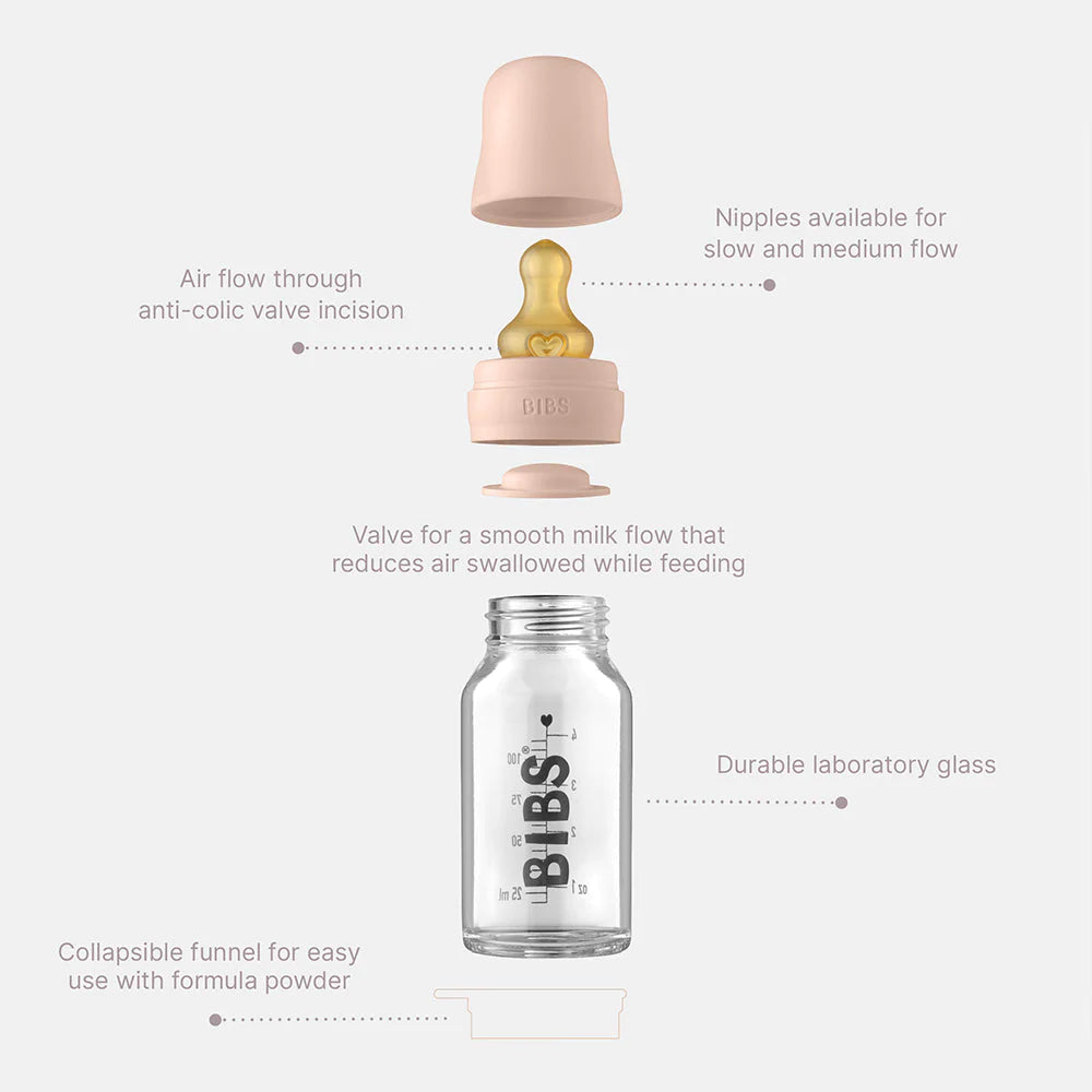 BIBS Baby Glass Bottle Set - 4oz (110ml) BPA-Free with Silicone Sleeve & Nipple - Perfect for Newborns & Infants Feeding at Home or Travel