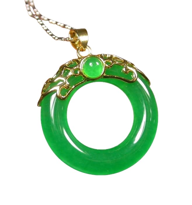 Gold Plated Chinese Icy Green Jade Pendant Circle Donut Necklace for Women - Elegant Jewelry Gift for Birthday, Anniversary & Special Occasions