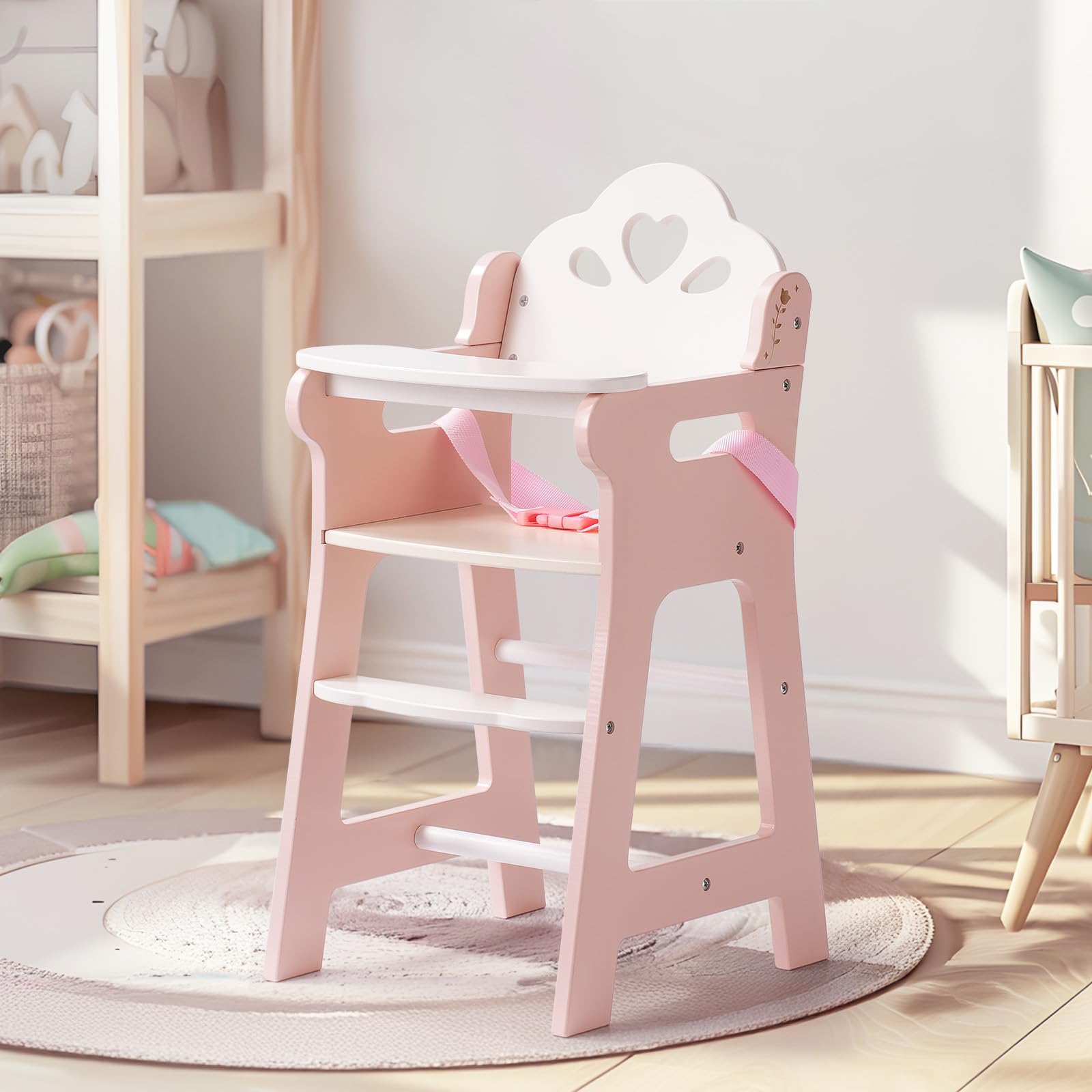 ROBOTIME Wooden Baby Doll High Chair with Safety Belt - Pretend Play for 18