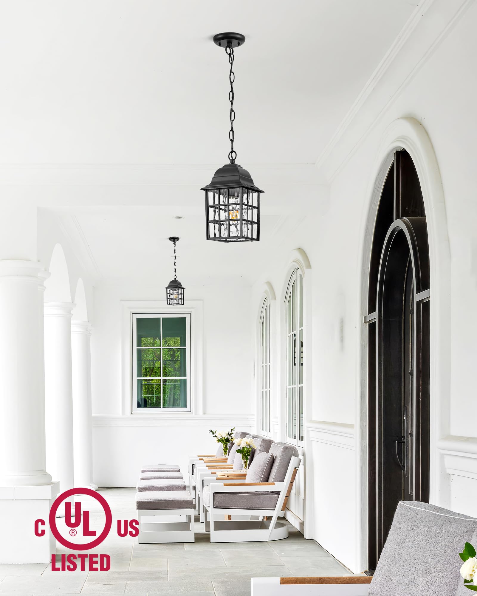 VIANIS Black Outdoor Pendant Lights - Rust-Resistant Aluminum Farmhouse Lantern for Porch, Garage, Entryway & Gazebo - Durable Tempered Ripple Glass Chandelier (Perfect for Patio, Deck, and Outdoor Dining Areas)