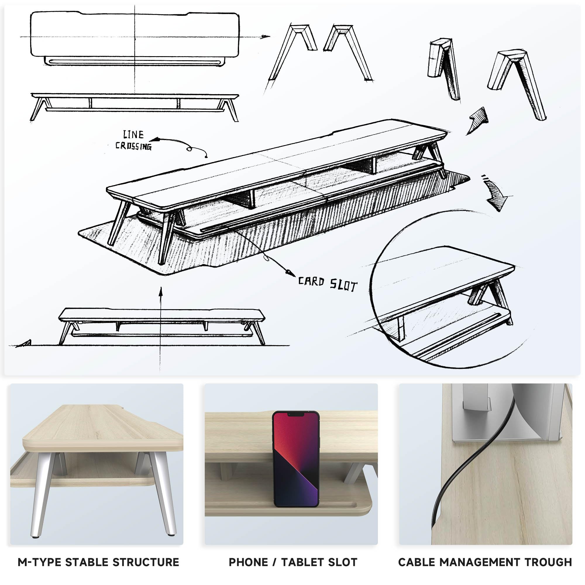 Dual Monitor Stand for 2 Screens - 42.5 Inch Wooden Desk Shelf with Storage Organizer & Cable Management | Office Desk Accessories for Home & Workspace Organization