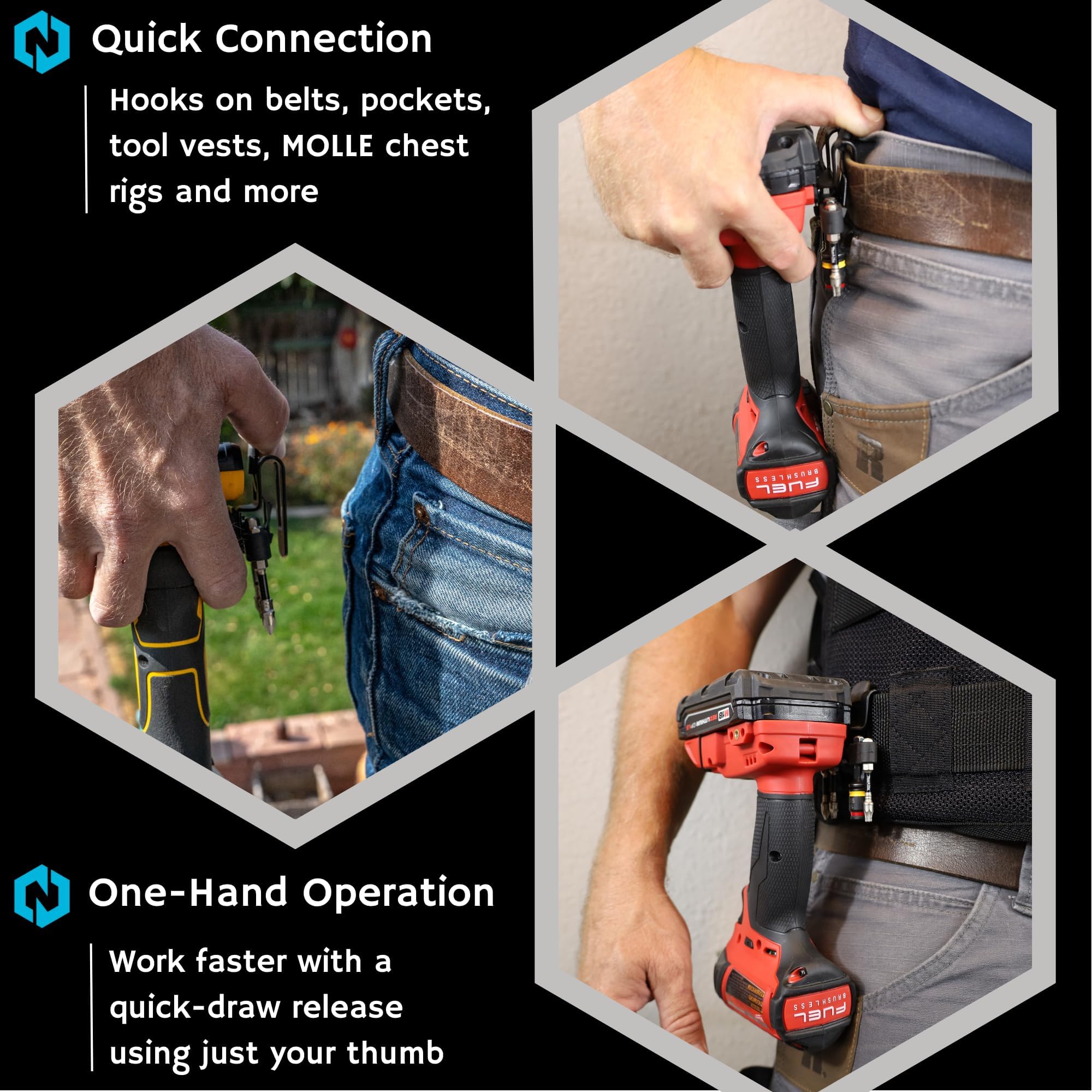 3 Pack Locking Tool Clip for Cordless Drills, Impact Drivers & Finish Nailers - No Holster Needed with Bit Holder Included - Perfect for Construction, Woodworking & DIY Projects