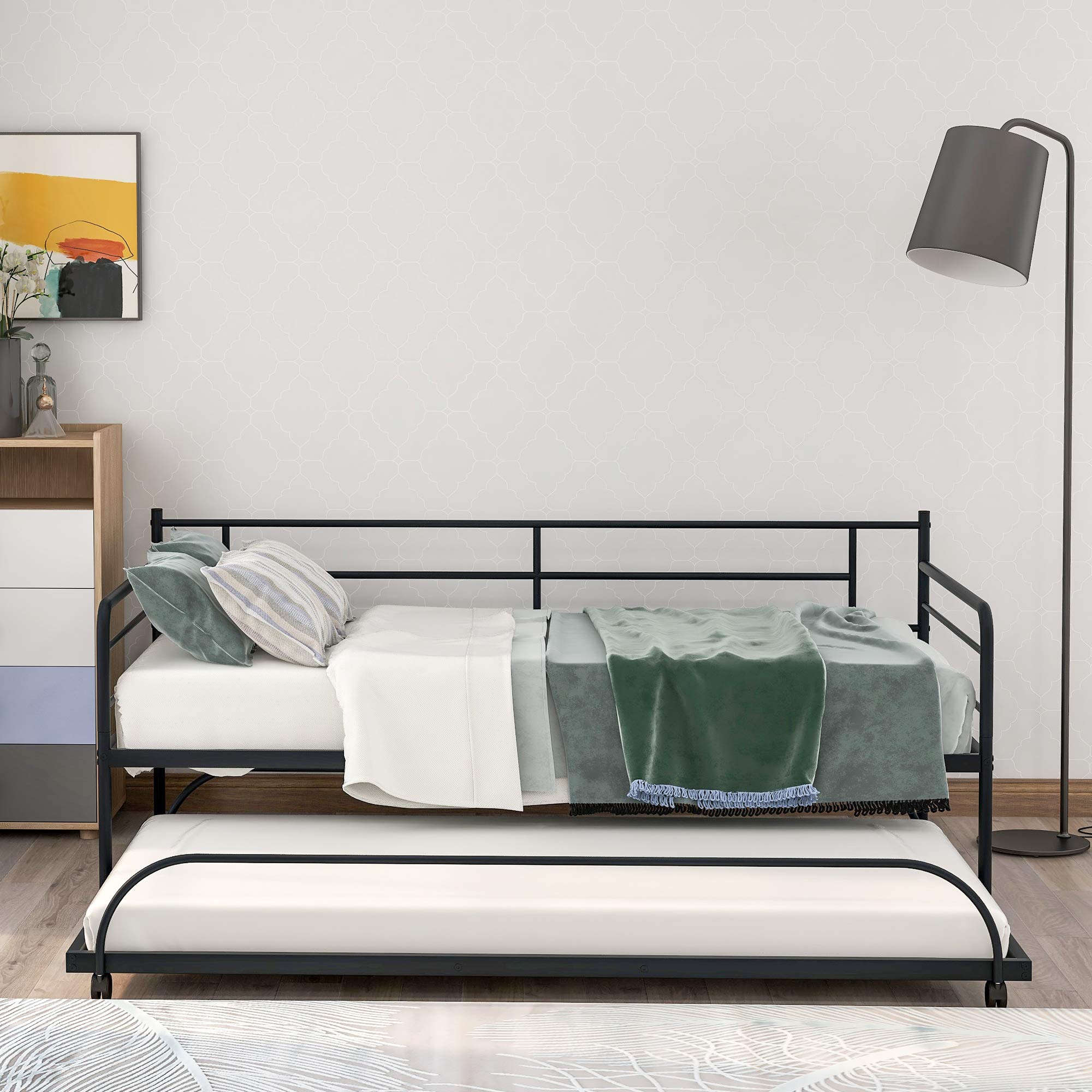 Twin Size Daybed with Trundle Bed - Sturdy Metal Frame, No Box Spring Needed - Perfect for Kids, Teens & Adults - Ideal for Guest Rooms, Dorms & Small Spaces - Black