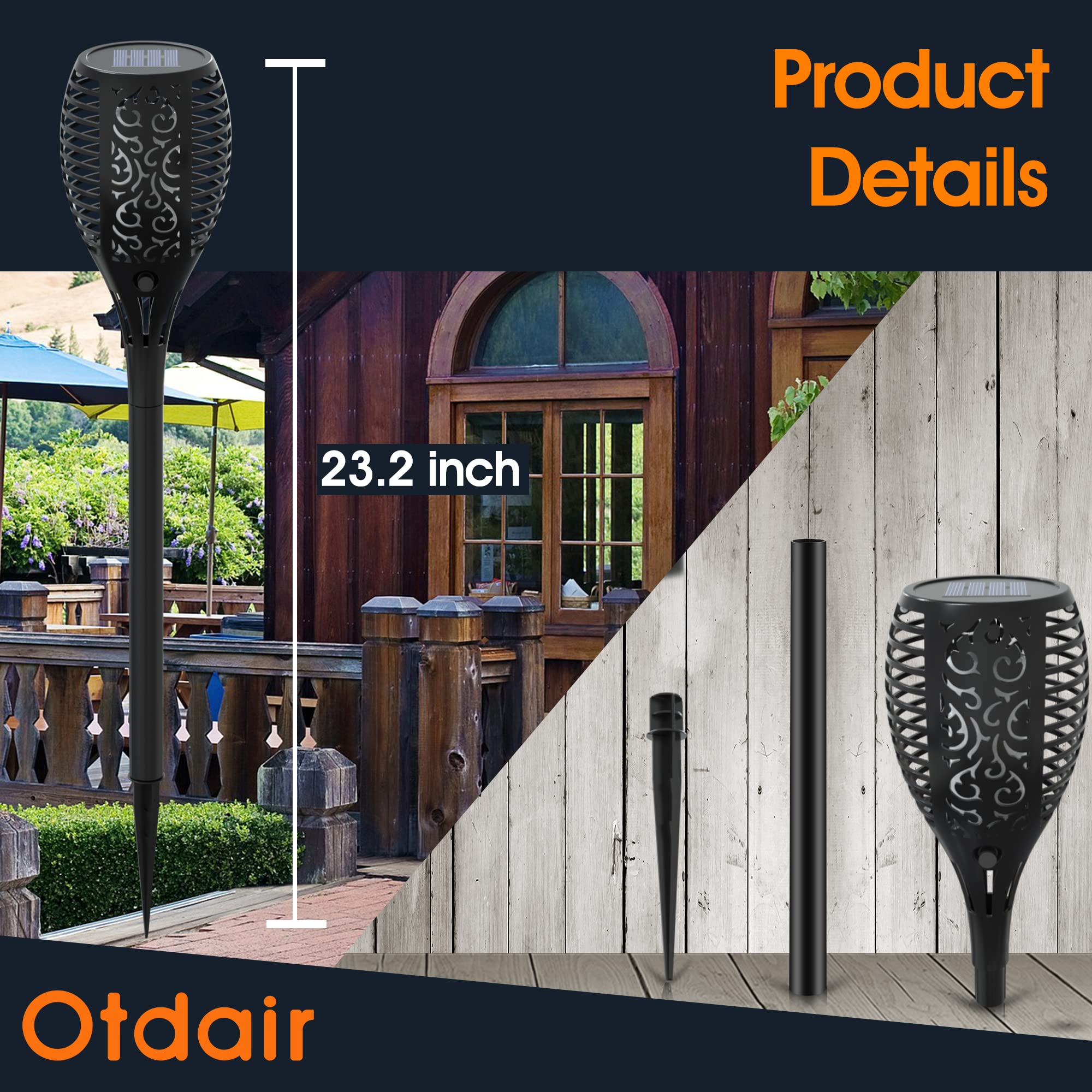 Otdair 8 Pack Super Large Solar Torch Lights with Flickering Flame - Waterproof Outdoor Landscape Lighting for Halloween Decor, Garden, Patio & Pathway - Auto On/Off Solar Powered Tiki Torches