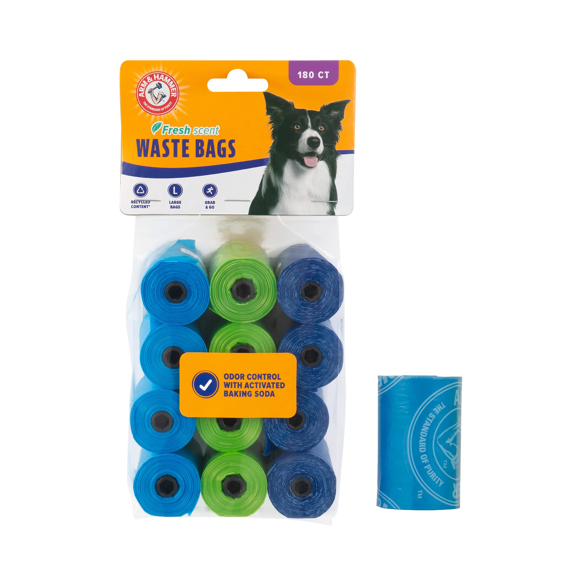 Arm & Hammer Easy-Tear Disposable Dog Poop Bags with Activated Baking Soda - 180 Count, 9 x 14 Inches | Leak-Proof & Odor-Control Waste Bags for Dogs & Cats | Perfect for Walks, Park Visits & Backyard Cleanup