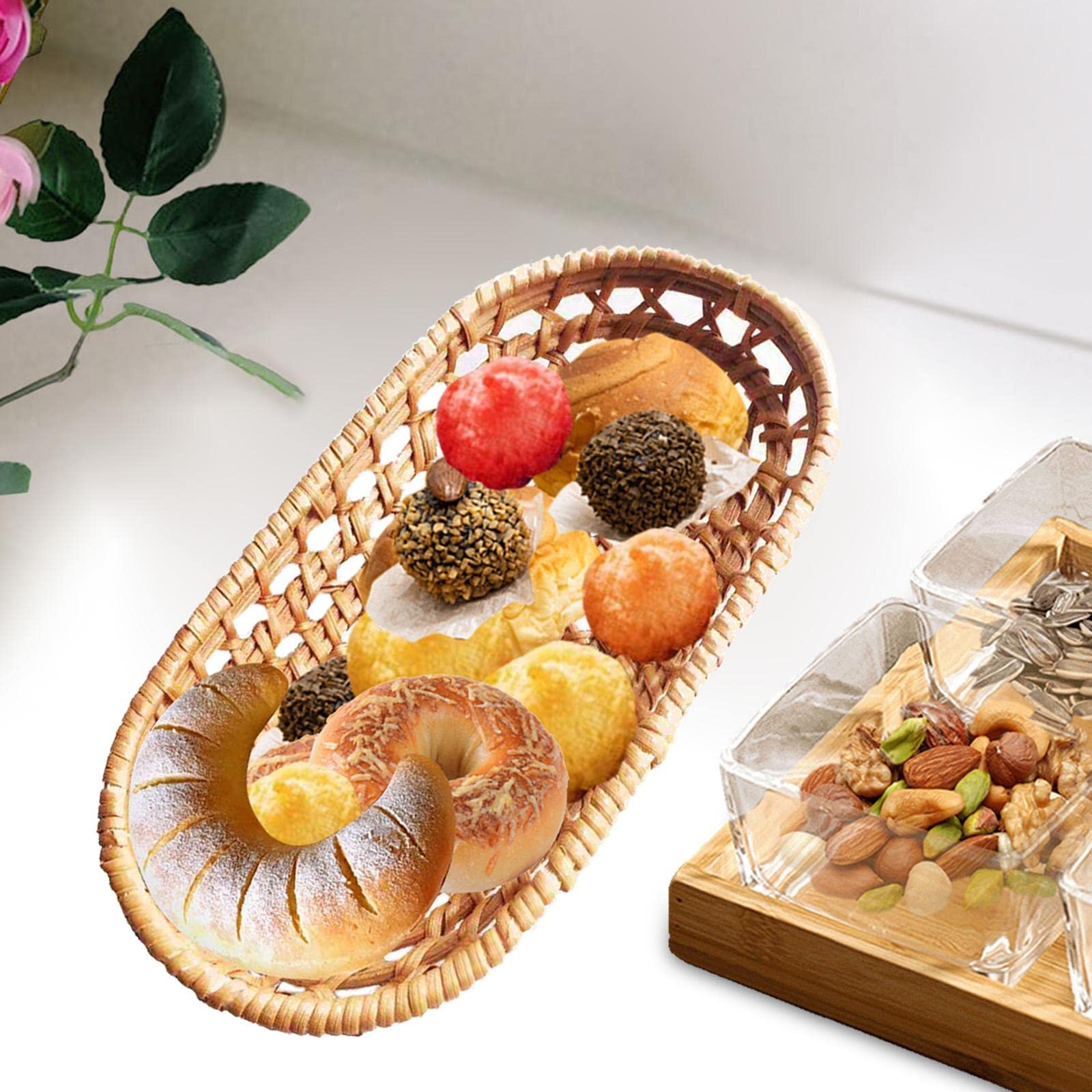 Hand Woven Rattan Fruit Basket - Wicker Bread Basket & Oval Serving Bowl for Breakfast, Food, Vegetables, Snacks | Medium Size | Perfect for Kitchen, Dining Table, Picnic & Farmhouse Decor