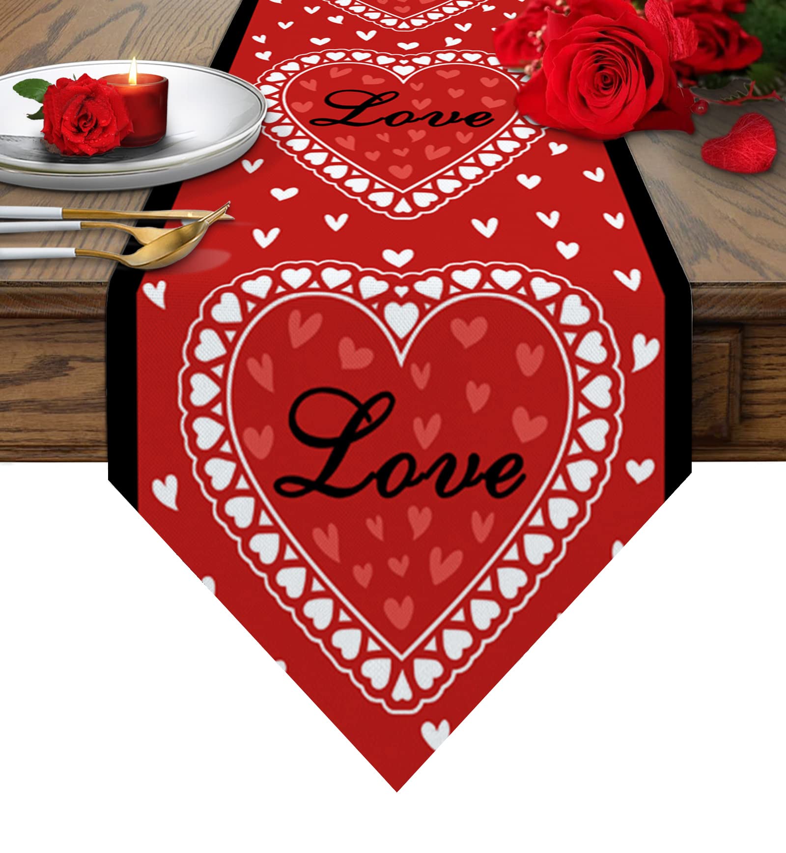 Heart-Shaped Red Table Runner for Valentine's Day - Romantic Farmhouse Kitchen Decor for Weddings, Holidays & Dinner Parties - Decorative Dresser Scarf for Dining Table Settings