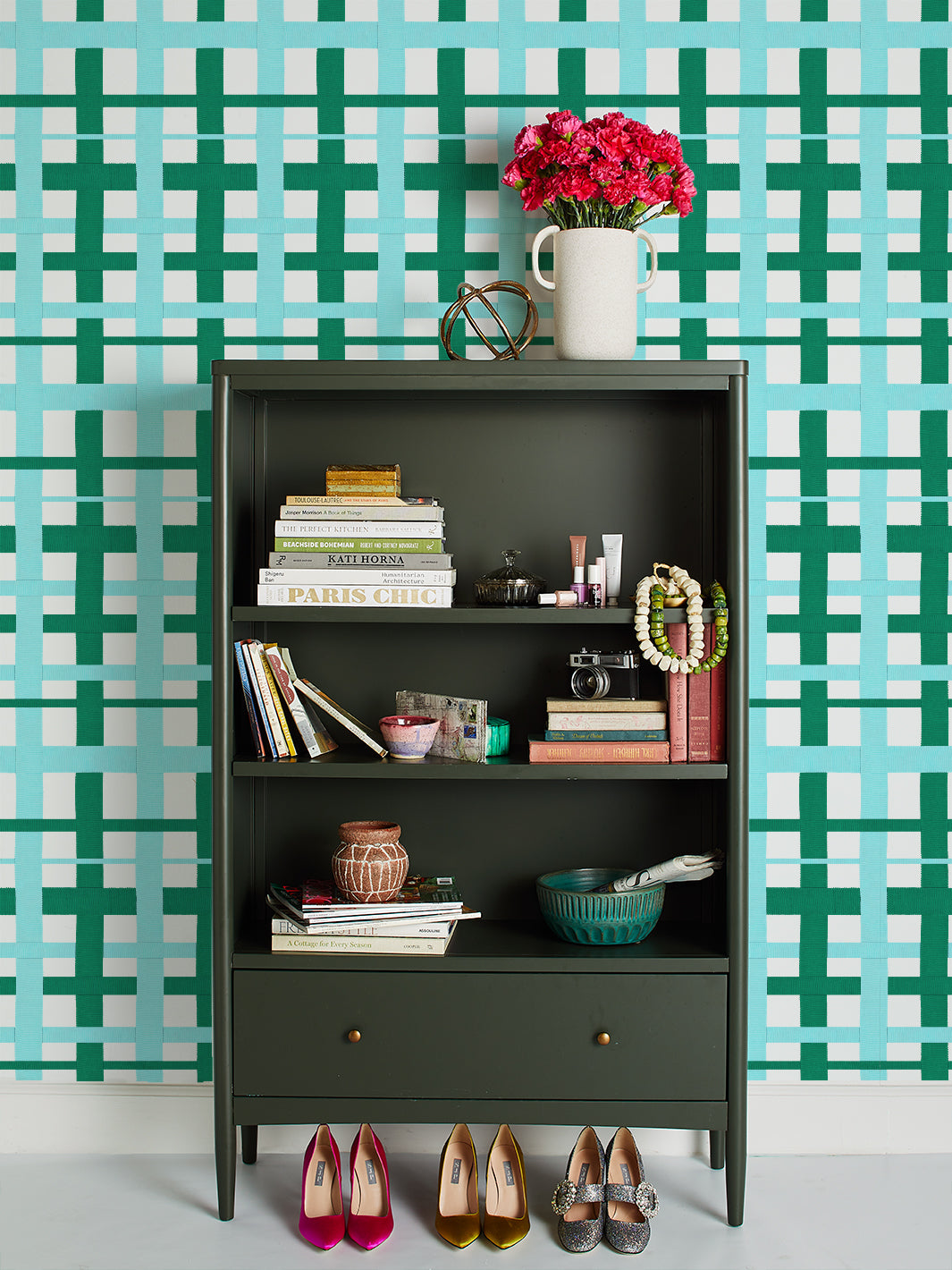 Sarah Jessica Parker Sky Emerald Crosstown Plaid On White Wallpaper - Peel & Stick Removable Wallpaper for Bedroom, Living Room, and Nursery Decor