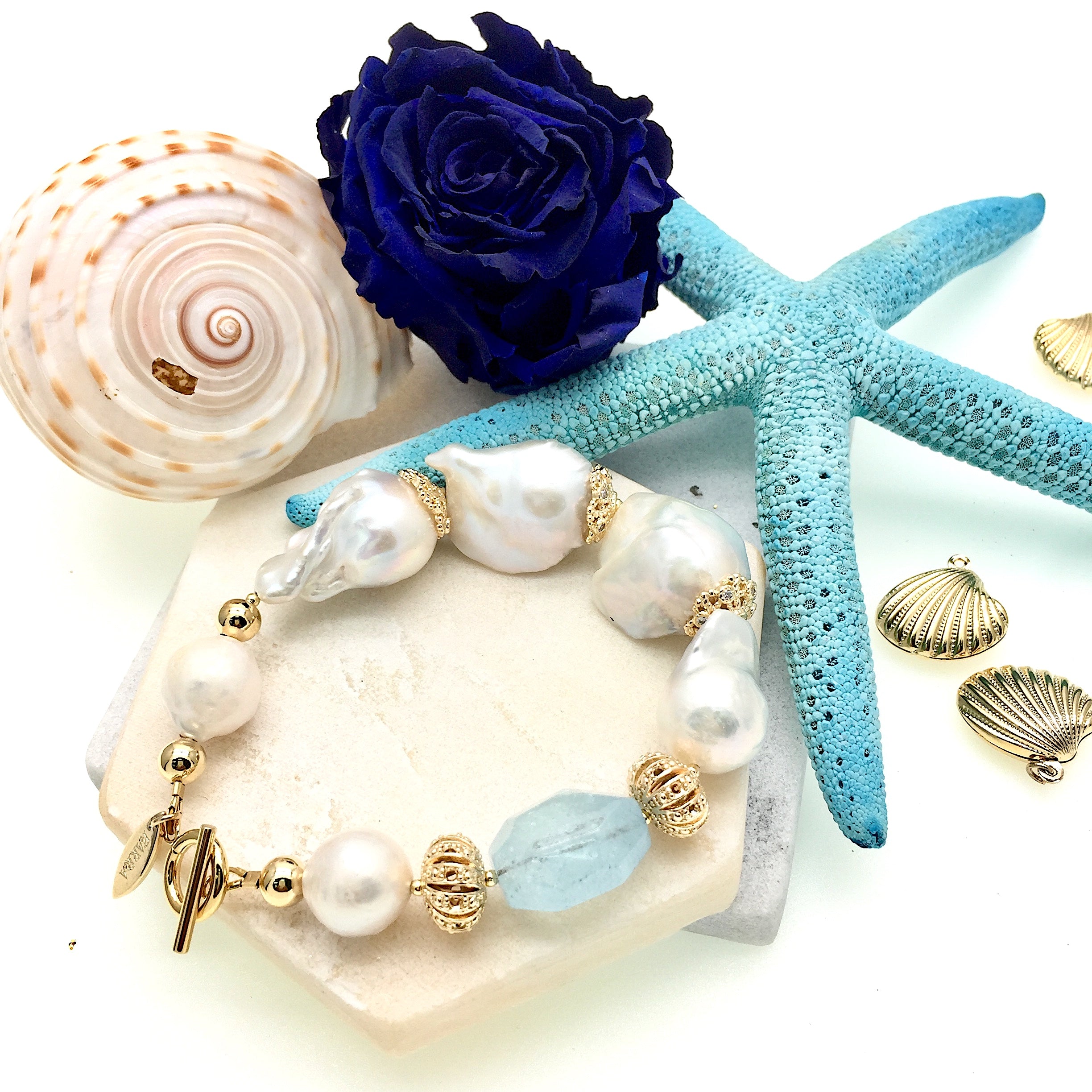 Elegant Freshwater Pearl & Aquamarine Gemstone Bracelet NPB008 - Perfect for Weddings, Parties & Special Occasions