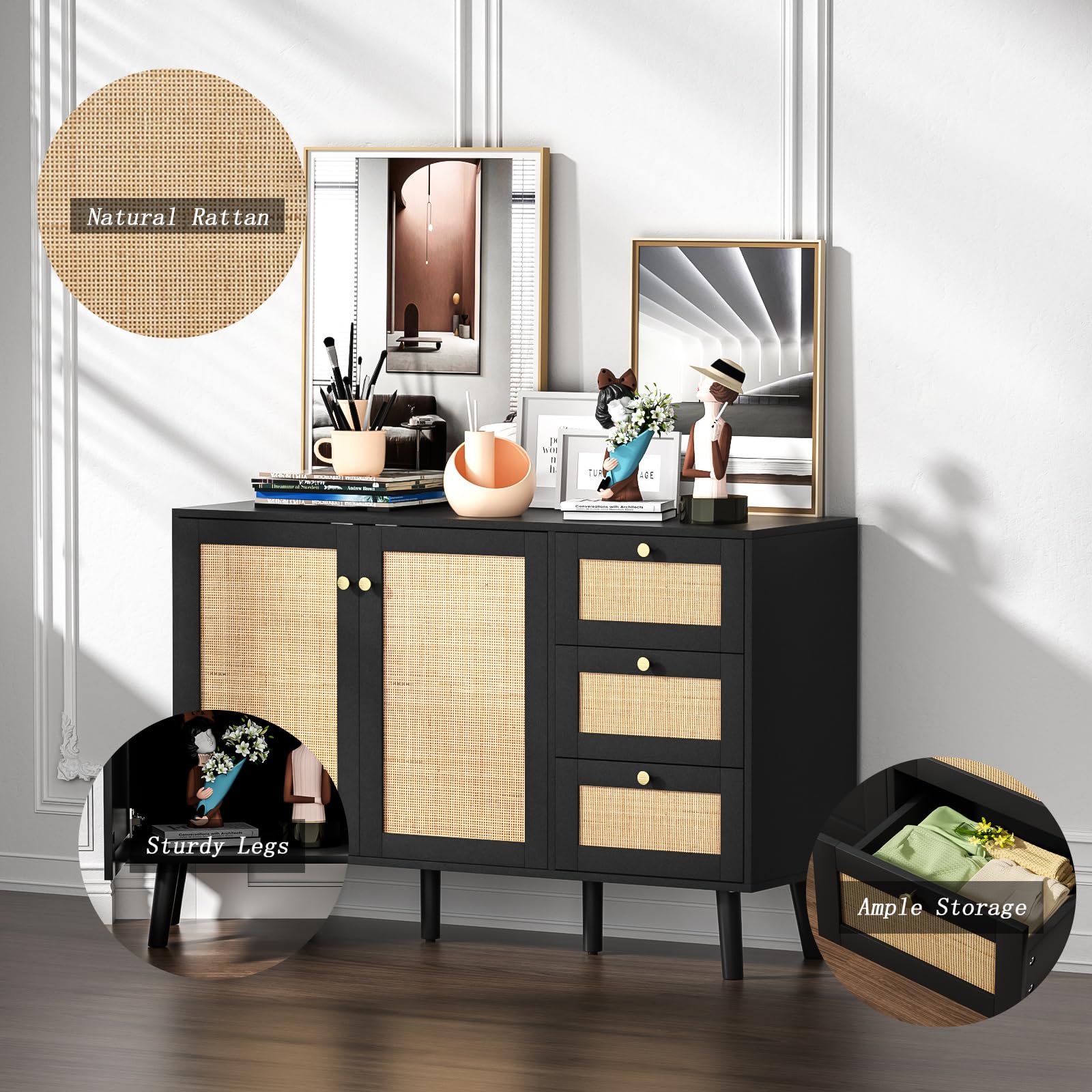 Anmytek Black Rattan Sideboard Buffet Cabinet - 2 Doors & 3 Drawers Storage Credenza for Dining Room, Hallway, Kitchen | Perfect for Home Organization & Entertaining Guests