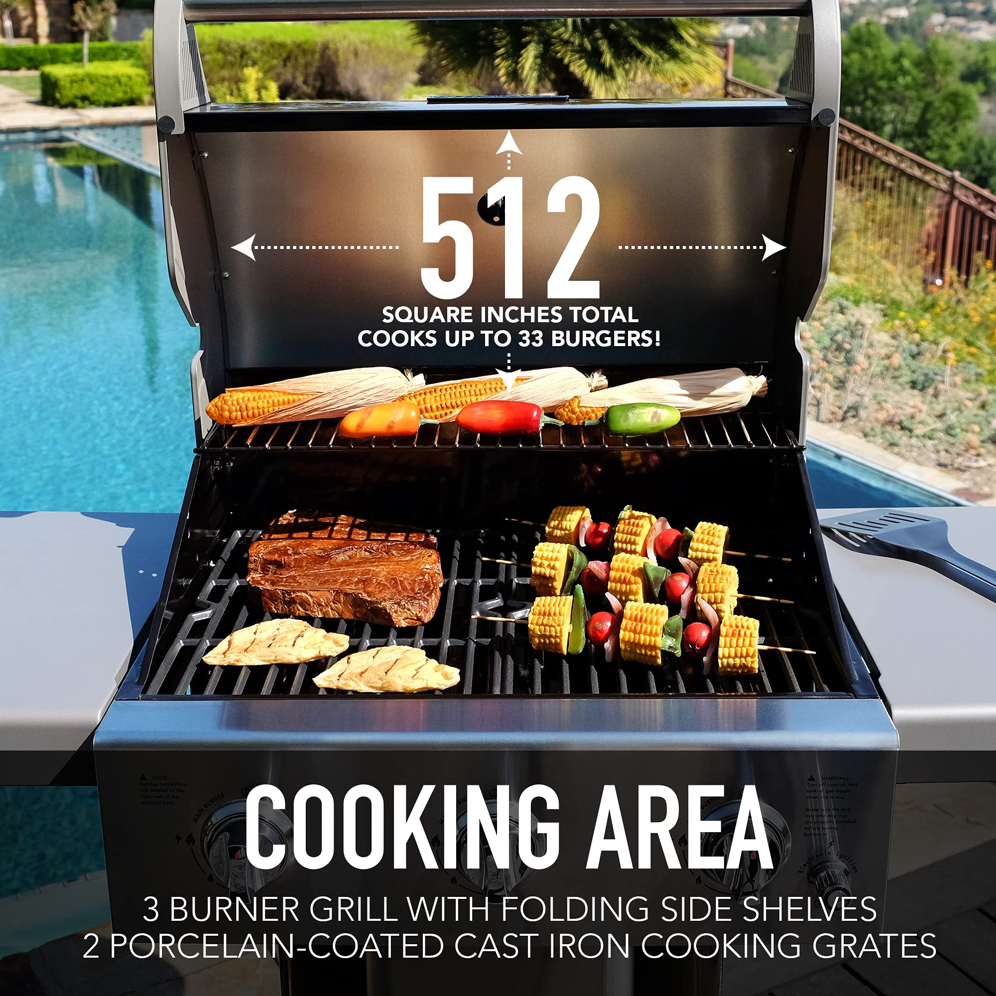 Premium Permasteel 3-Burner Propane Gas Grill - 30,000 BTU Outdoor BBQ Grill with Cast Iron Grates, Foldable Side Tables & Tool Hooks - Perfect for Backyard, Patio, and Camping - Azure Blue