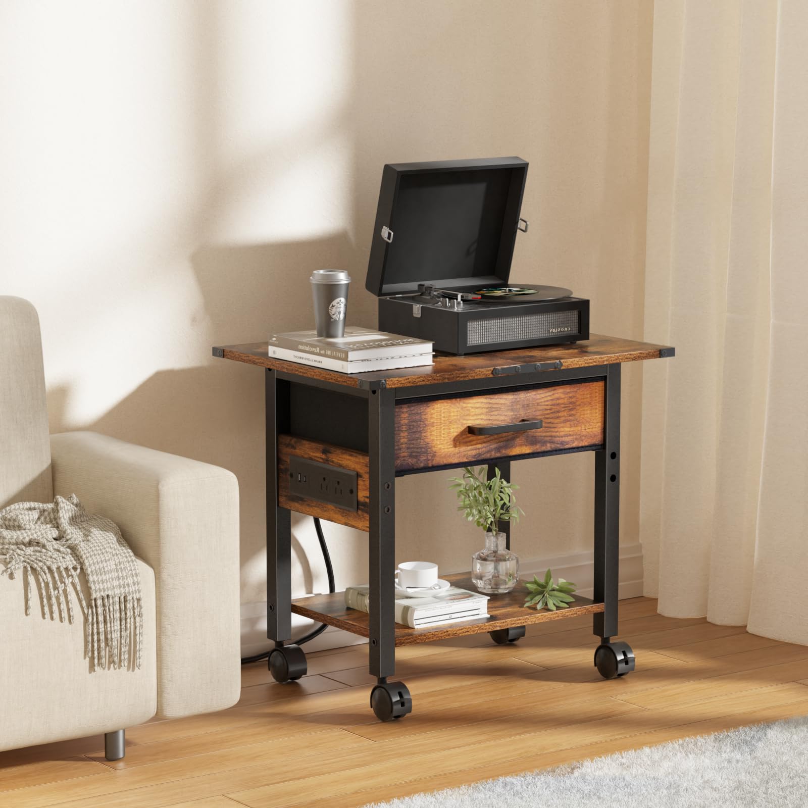 Lerliuo 2-Tier Under Desk Rolling Printer Stand with Charging Station & USB Ports, Lockable Wheels Printer Cart with Fabric Drawer - Compact Printer Table for Home Office Workspace (Brown) | Perfect for Organizing Printers, Scanners & Office Supplies Under Your Desk