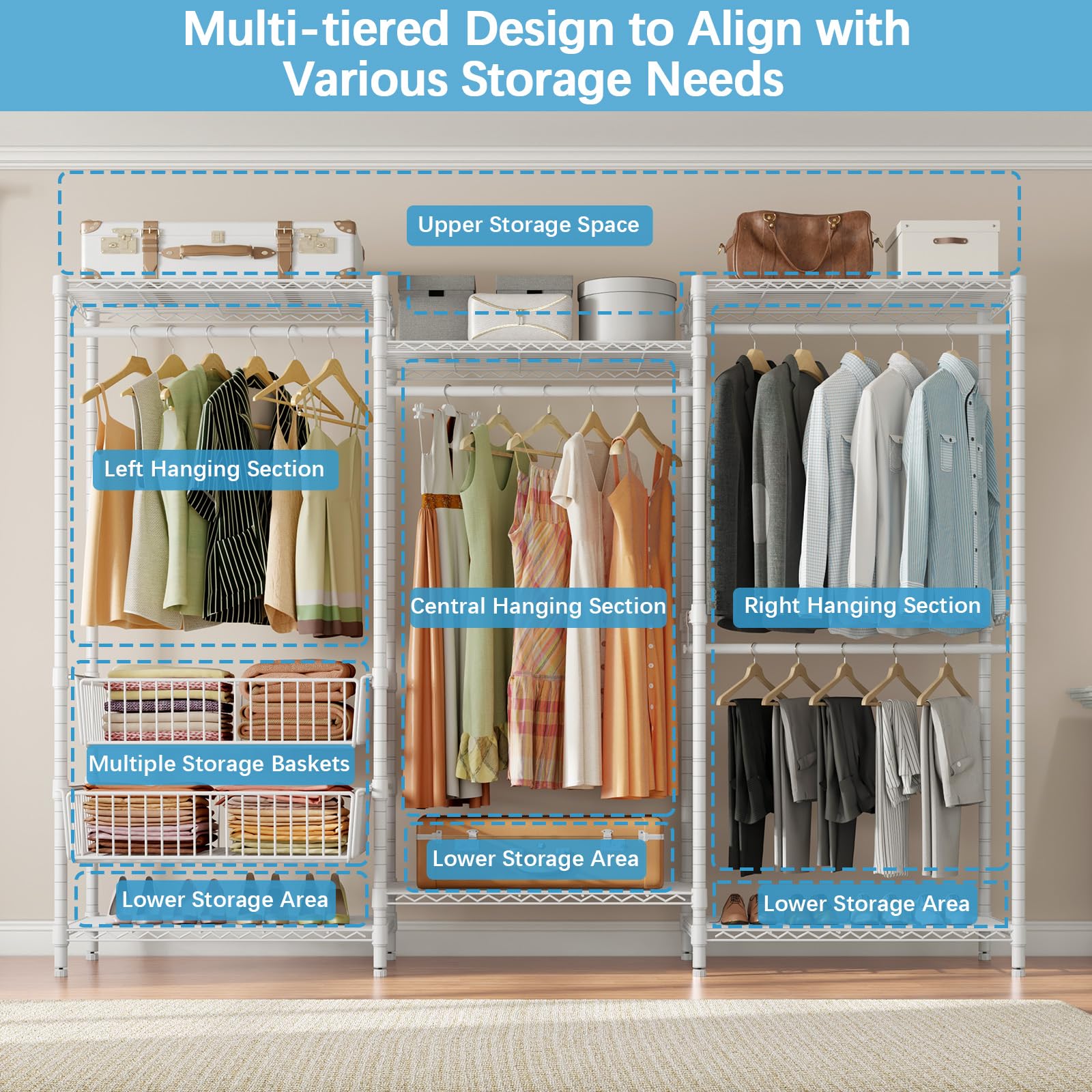 VIPEK V10C Plus Heavy Duty Portable Closet - Adjustable Wardrobe Storage Rack with Sliding Baskets & Grey Oxford Fabric Cover - Ideal for Bedroom, Dorm, Apartment, and Small Space Organization (White)