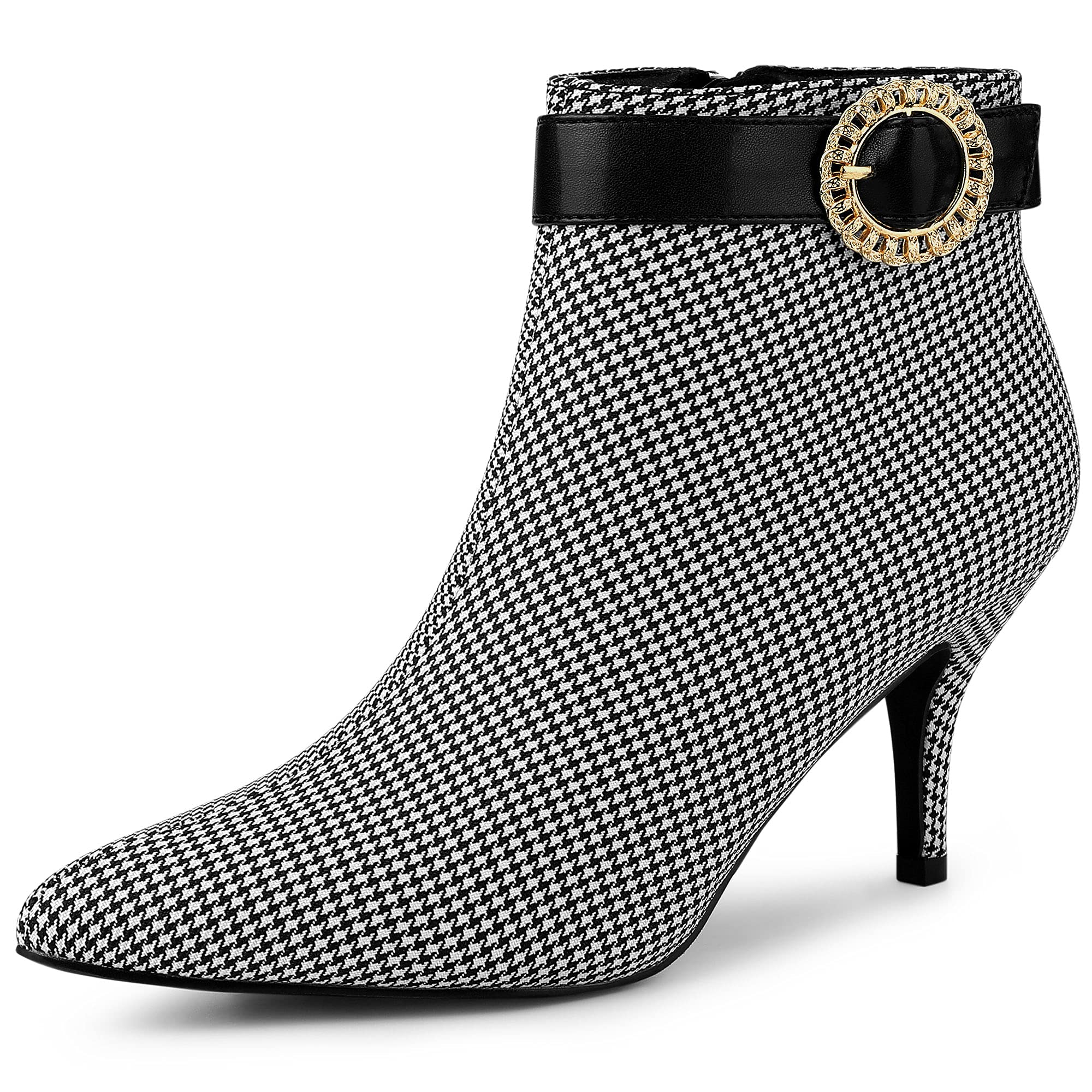 Allegra K Women's Stylish Buckle Plaid Stiletto Heel Houndstooth Ankle Boots for Office, Party & Night Out - Fashionable High Heel Booties for Women