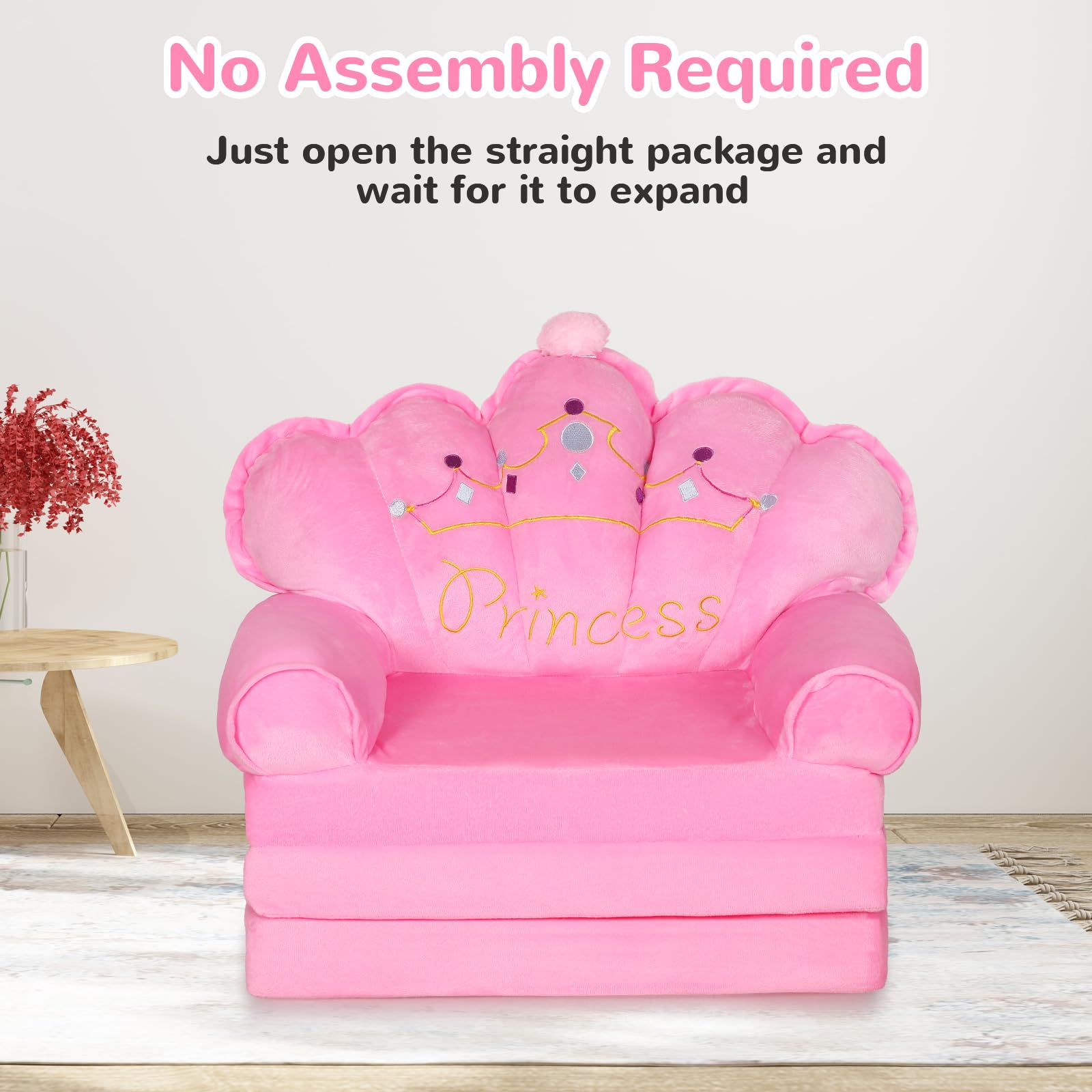 **Foldable Kids Sofa Chair - Comfy Toddler Couch for Girls 1-4 Years | Soft Pink Princess Chair for Bedroom & Playroom | Portable Baby Couch for Reading, Napping & Playtime (Water Pink)**