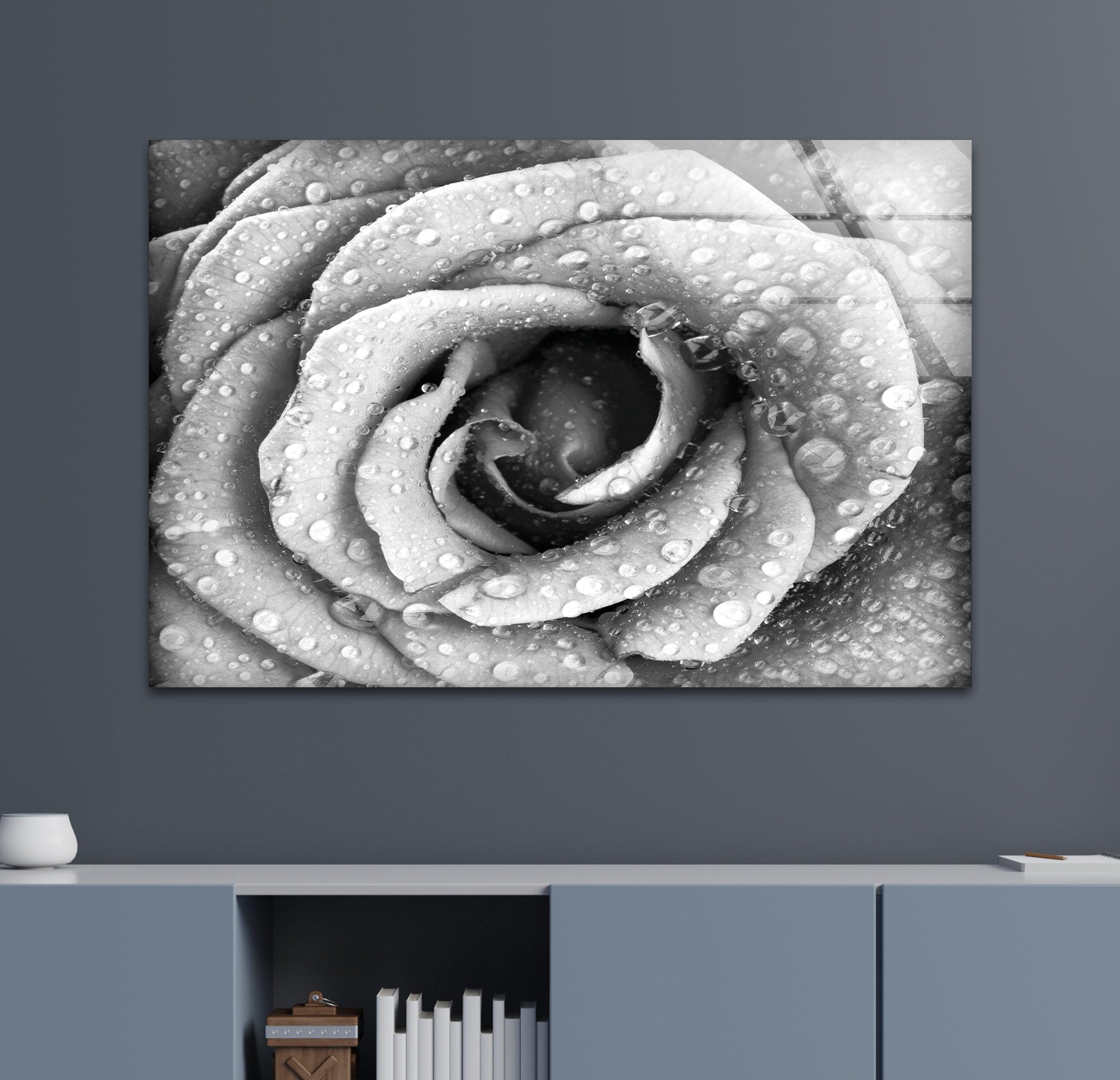 Elegant Black and White Rose Glass Wall Art - Modern Home Decor for Living Room, Bedroom, or Office - Perfect Gift for Housewarming & Wedding