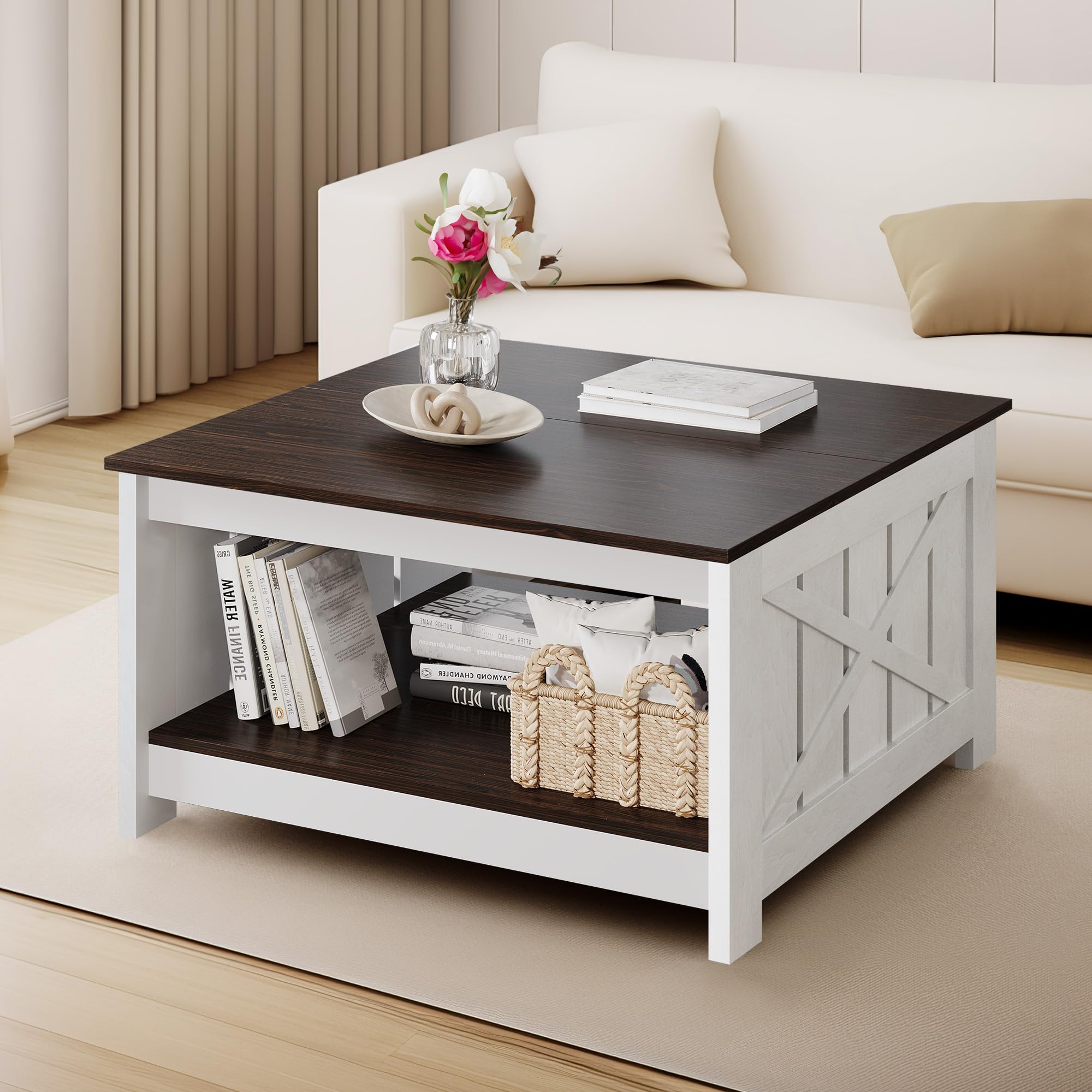 Rustic Farmhouse Coffee Table with Storage - Solid Wood Square Cocktail Table for Living Room & Meeting Room, Half Open Storage Compartment, Deep Brown - Perfect for Home Decor & Small Space Organization