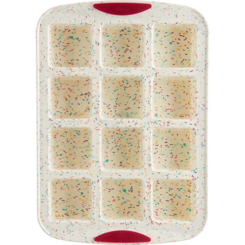 Non-Stick Silicone Brownie Baking Pan Set of 12 - Confetti Design for Perfect Square Brownies & Bars - Ideal for Birthday Parties, Holiday Baking & Homemade Desserts