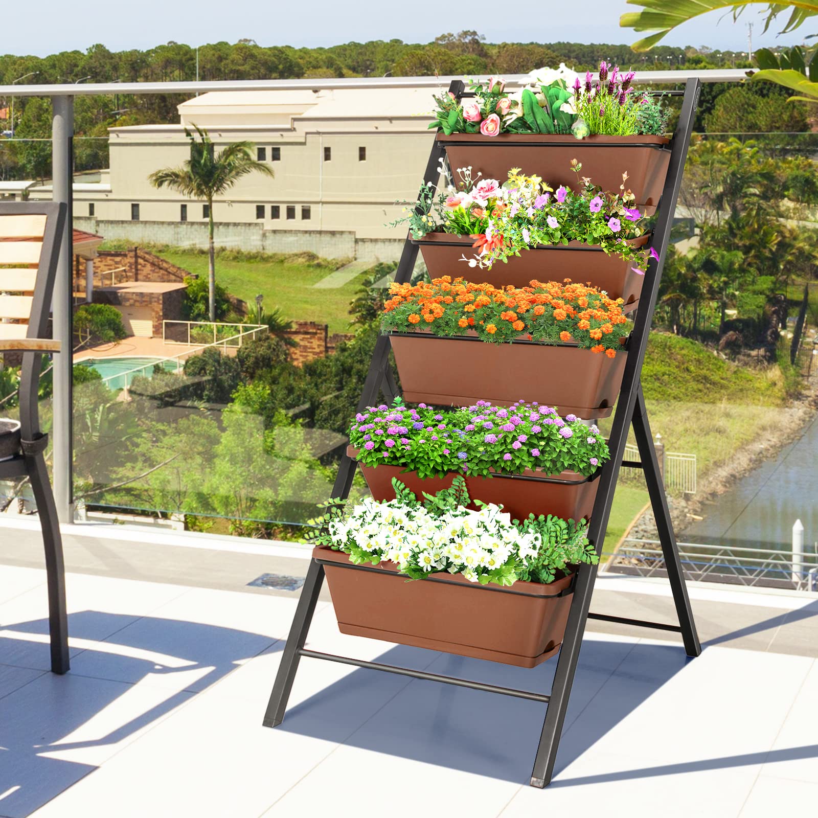 Safstar 5-Tier Vertical Raised Garden Bed - Freestanding Planter with 5 Container Boxes for Vegetables, Fruits, Flowers & Herbs - Indoor & Outdoor Elevated Gardening Solution (Brown, 2 Pack) - Perfect for Small Spaces, Balconies, Patios & Urban Gardening