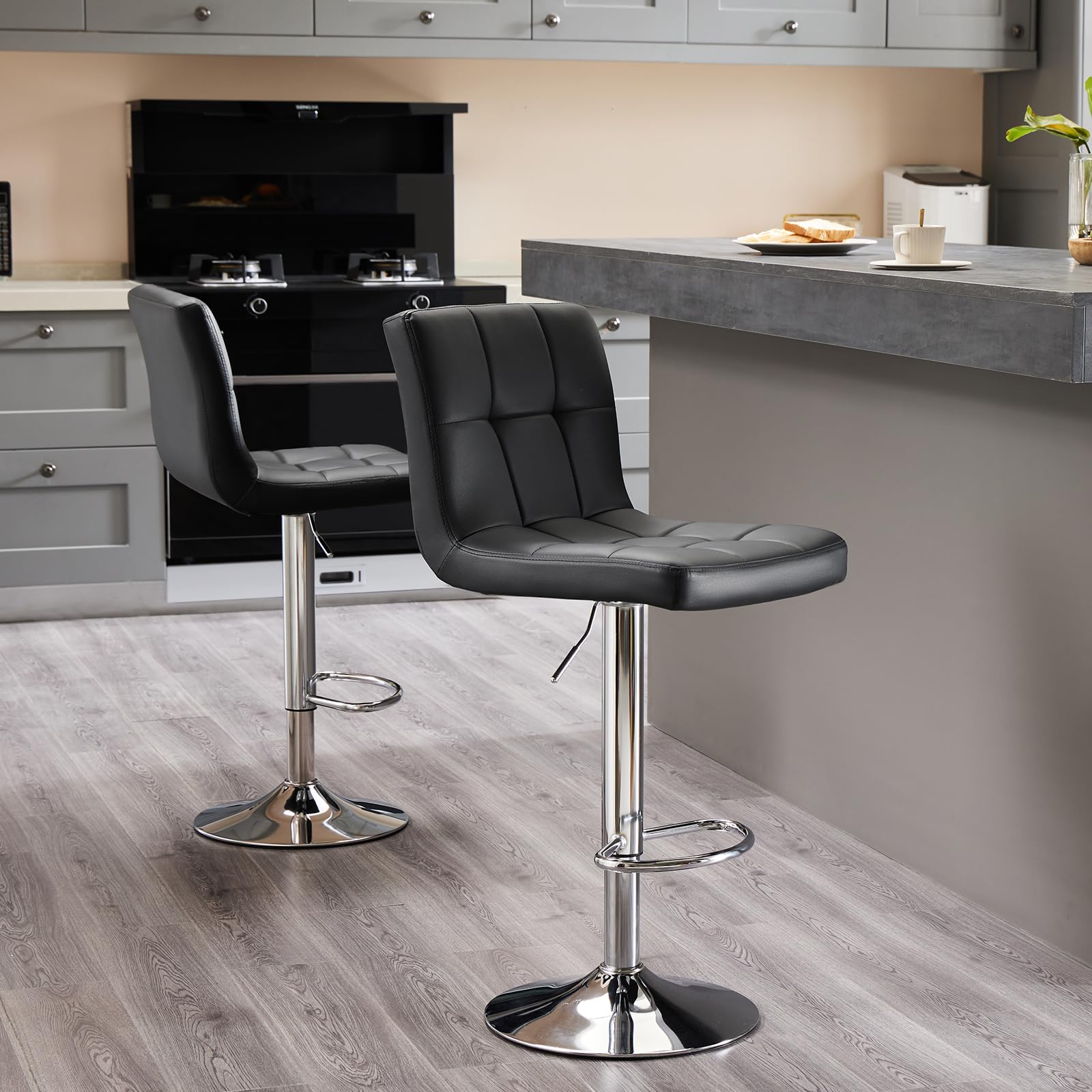 4 Pack Adjustable Swivel Bar Stools - PU Leather Hydraulic Counter Height Kitchen Stools with Thickened Cushion & Back Support, Armless Square Barstools for Kitchen Island, Breakfast Nook & Home Bar