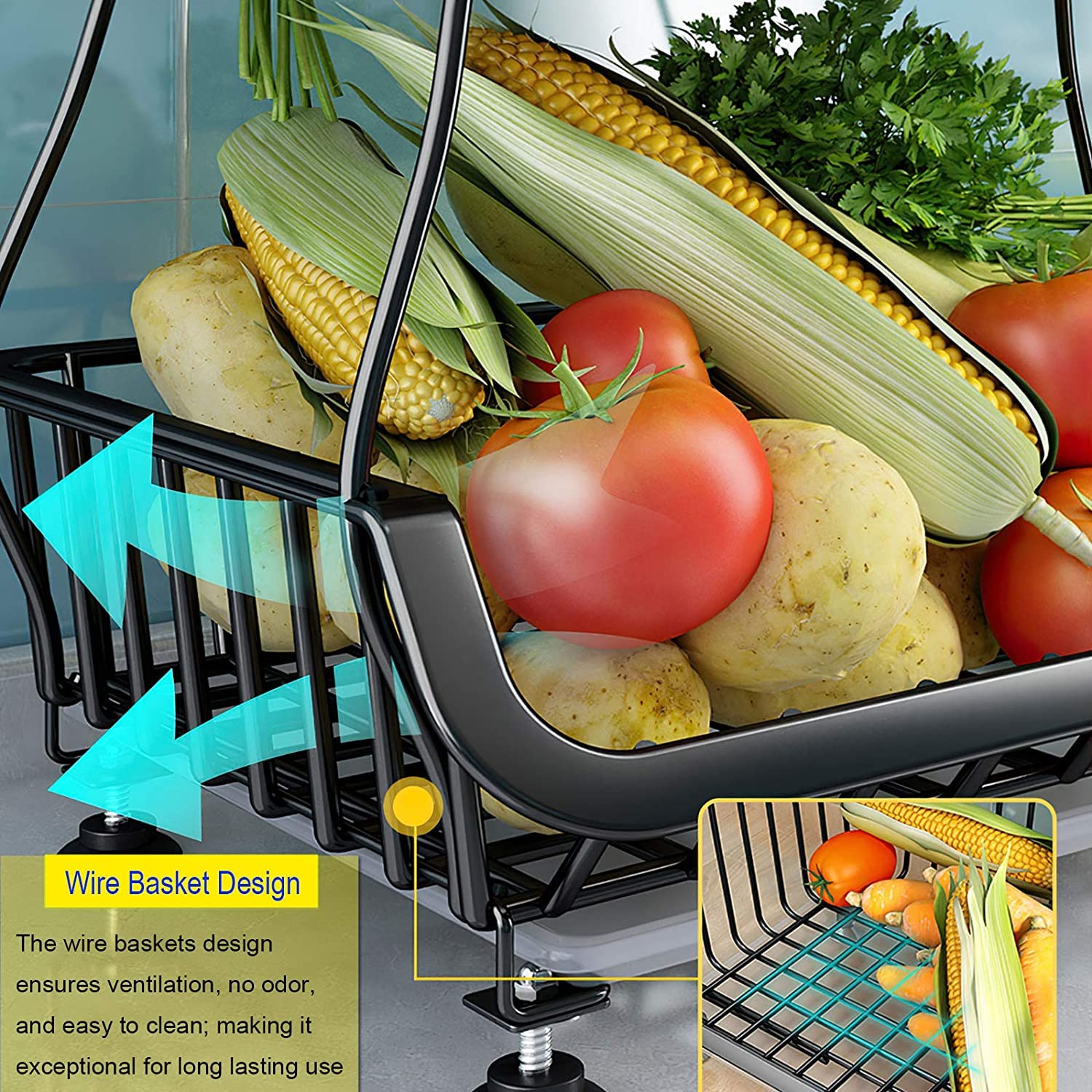 6-Tier Metal Kitchen Pantry Cart with Wheels - Stackable Storage Rack for Fruits, Vegetables & Organizing - Rolling Basket Organizer for Home, Office & Supermarket Use