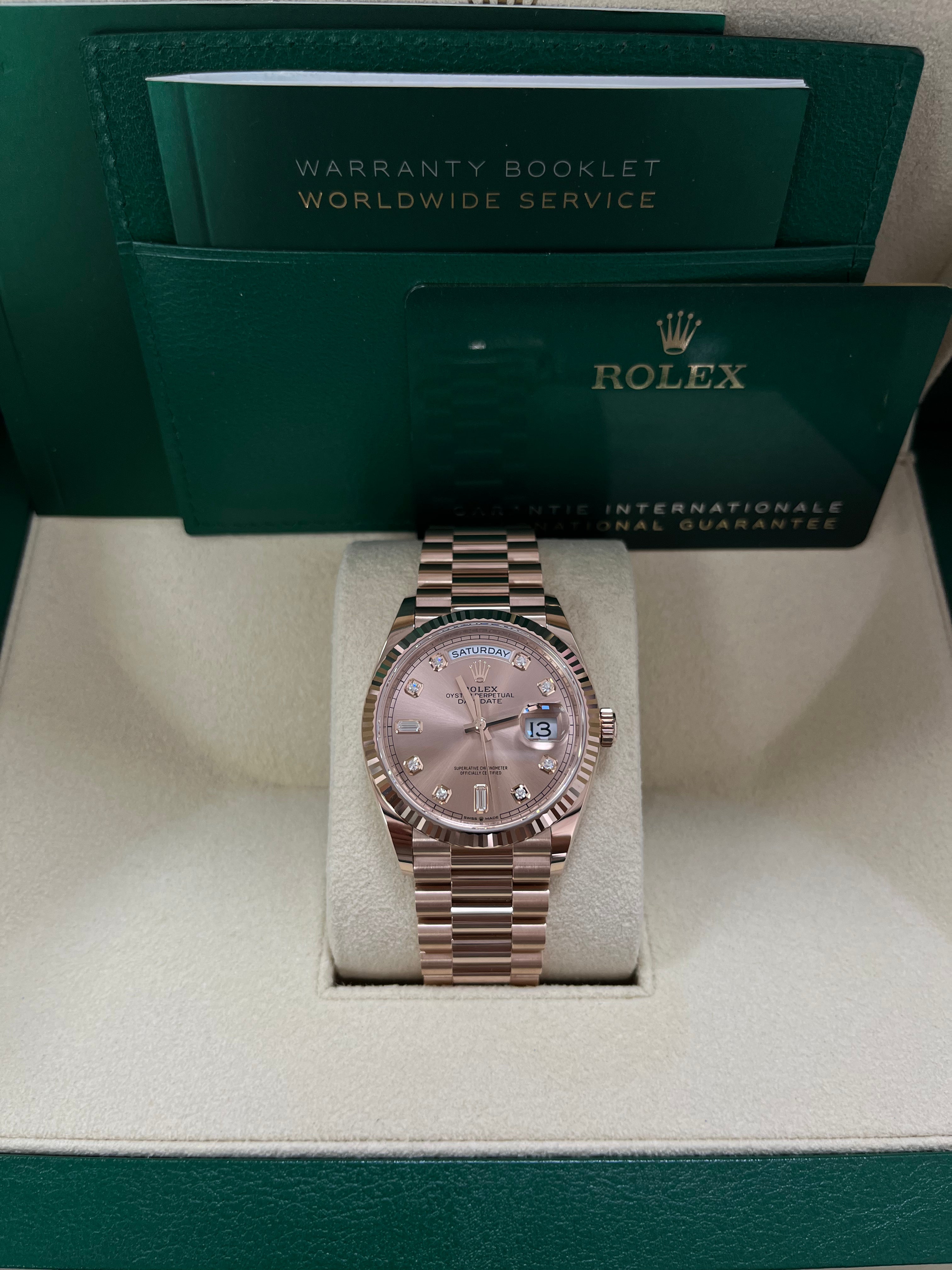 Rolex Day-Date 36 Everose Gold Watch - Fluted Bezel, Rose Diamond Dial, President Bracelet (Ref. 128235) | Luxury Dress Watch for Business & Formal Occasions