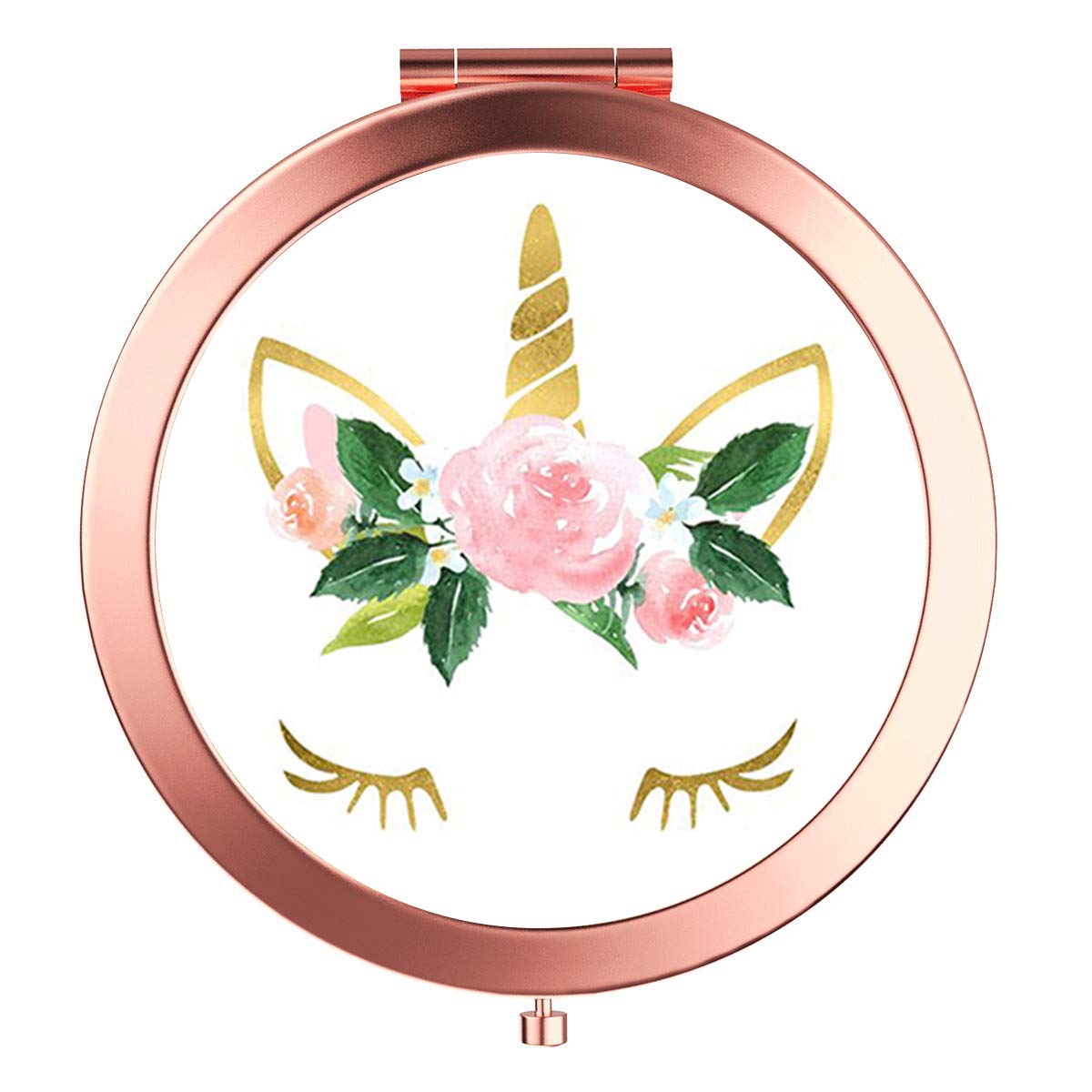 Rose Gold Travel Mirror Compact - Double Sided 2X & 1X Magnification Hand Mirror, Round Metal Bohemian Style Mirror for Women & Girls (Perfect for Travel, Makeup, and Gifts) - Unicorn Design