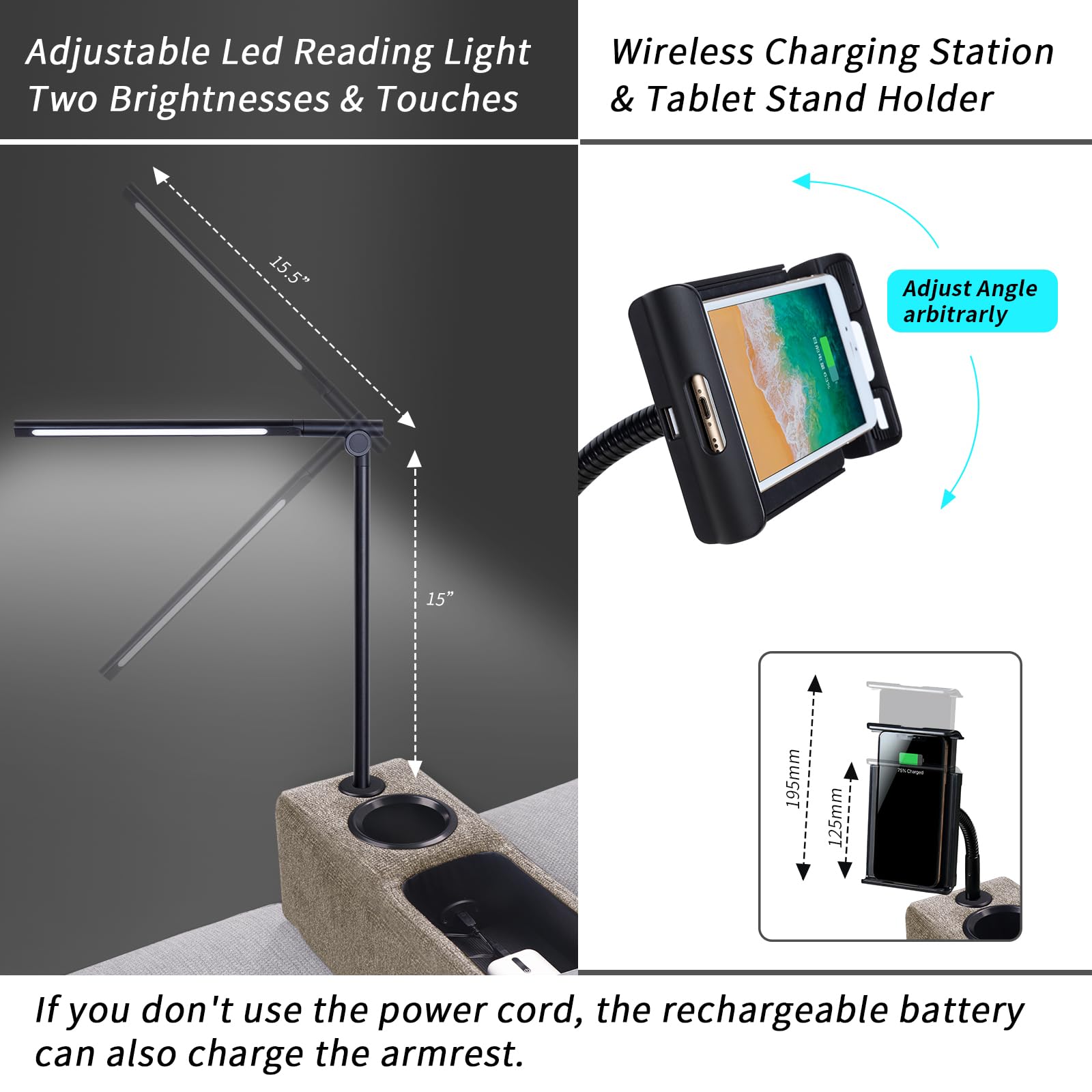 Multifunctional Sofa Armrest with Wireless Charger & Storage - Removable Couch Caddy with LED Reading Light - Perfect for Living Room, Bedroom & Office Use