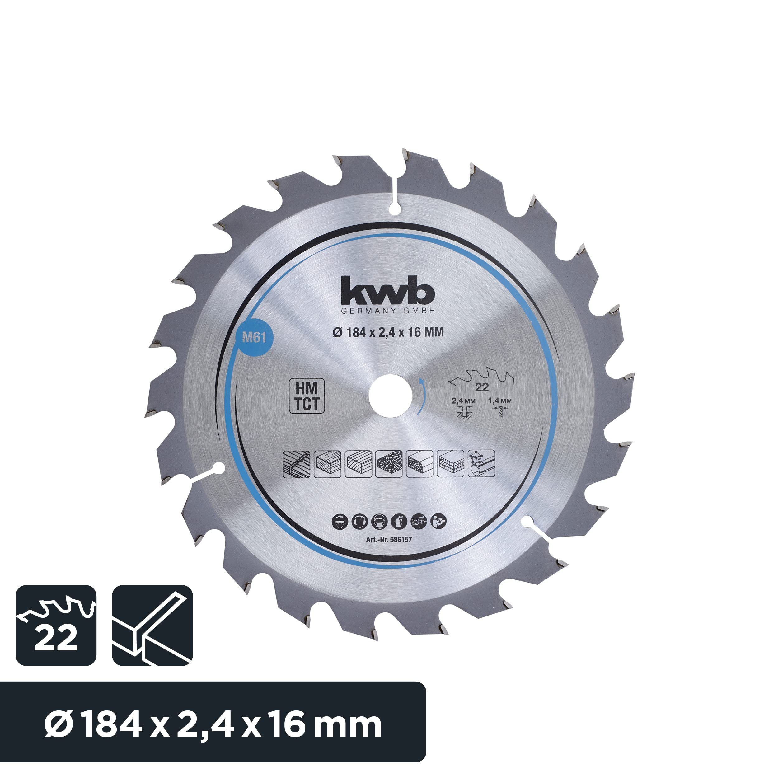 KWB 586157 184x16mm Clean Cut Circular Saw Blade with 22 Teeth - Perfect for Woodworking, Plywood, and Chipboard Cutting