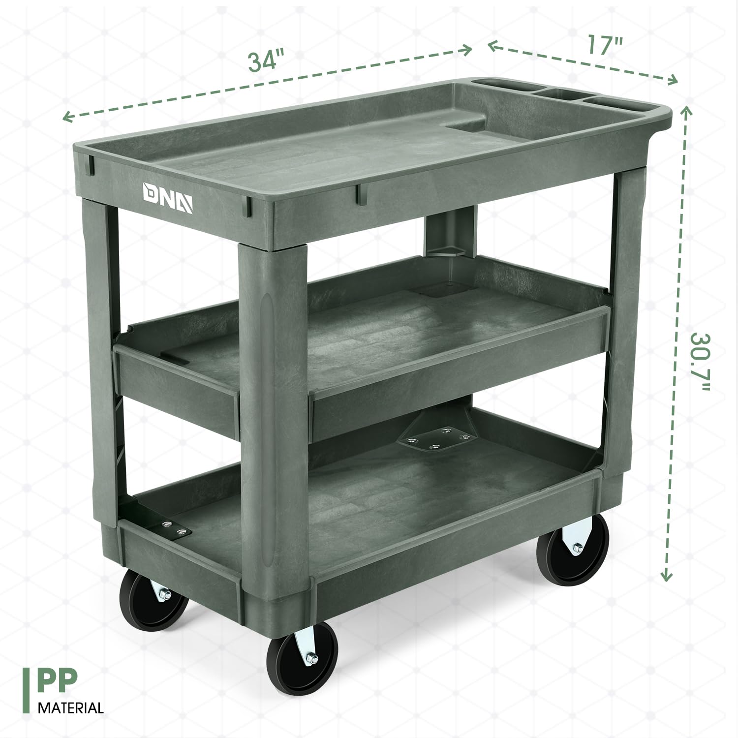 DNA MOTORING 3-Shelf Rolling Utility Cart - 34x17x30.7 Inch 3-Tier Storage Cart with Wheels & Handle for Garage, Warehouse, Office, School - Perfect for Organizing Tools, Supplies & Equipment (Model TOOLS-00572)