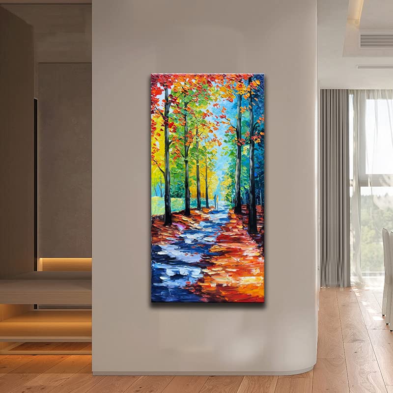 JELRINR Hand-Painted Autumn Landscape Oil Painting on Canvas - 24x48 Inch Contemporary Palette Knife Texture Artwork - Perfect for Living Room, Office & Wall Decor - Acrylic Home Art for Cozy Fall Ambiance