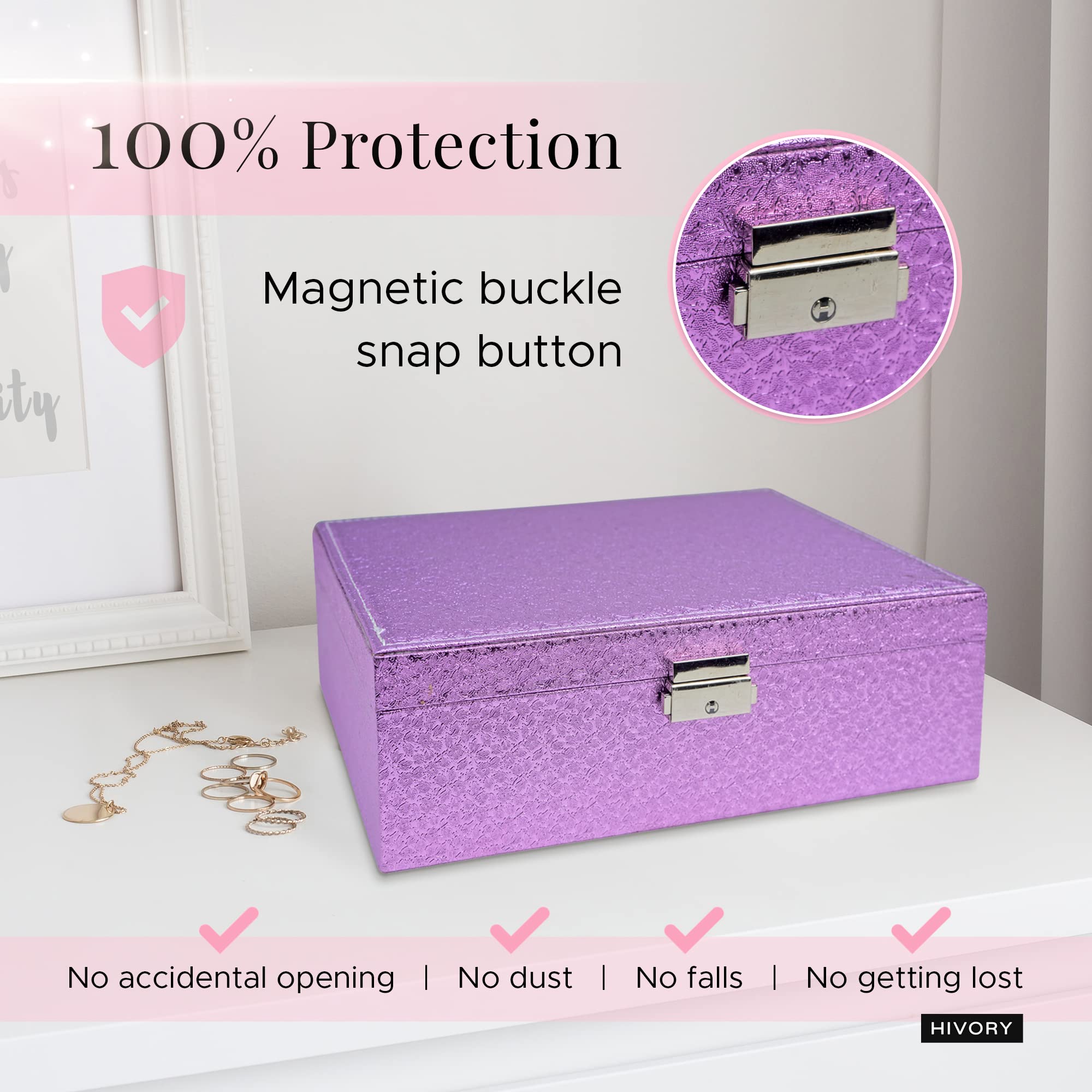 Hivory Jewelry Organizer Box for Women & Girls - Double Layer Stackable Jewelry Storage with Trays for Rings, Earrings, Bracelets, Necklaces & Studs - Perfect for Bedroom, Travel & Gift (Purple)