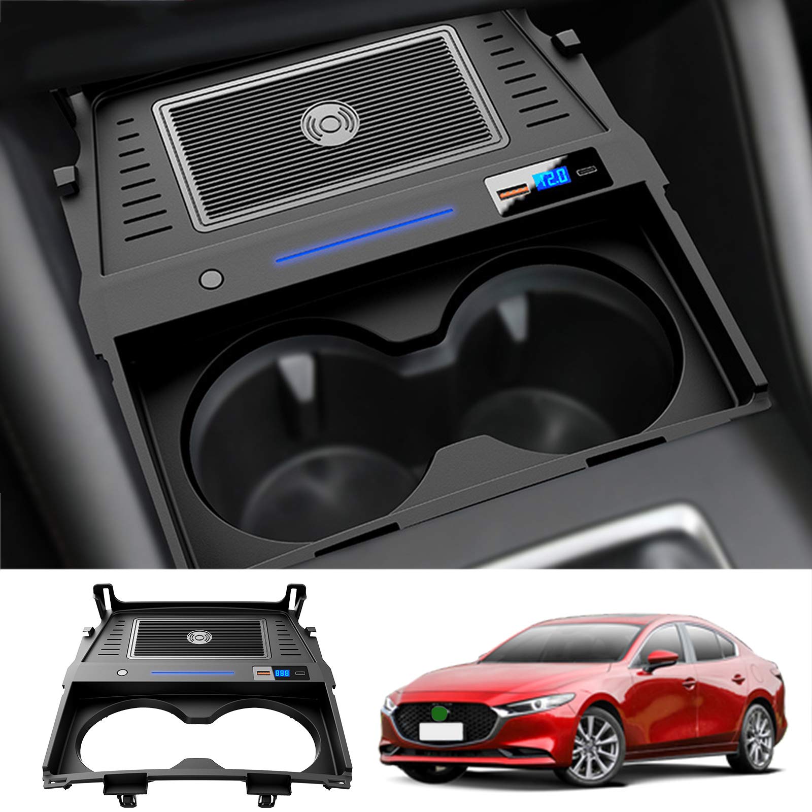 Fast Wireless Car Charger for Mazda 3 2020 - 15W QC 3.0 - Center Console Mount for Driving