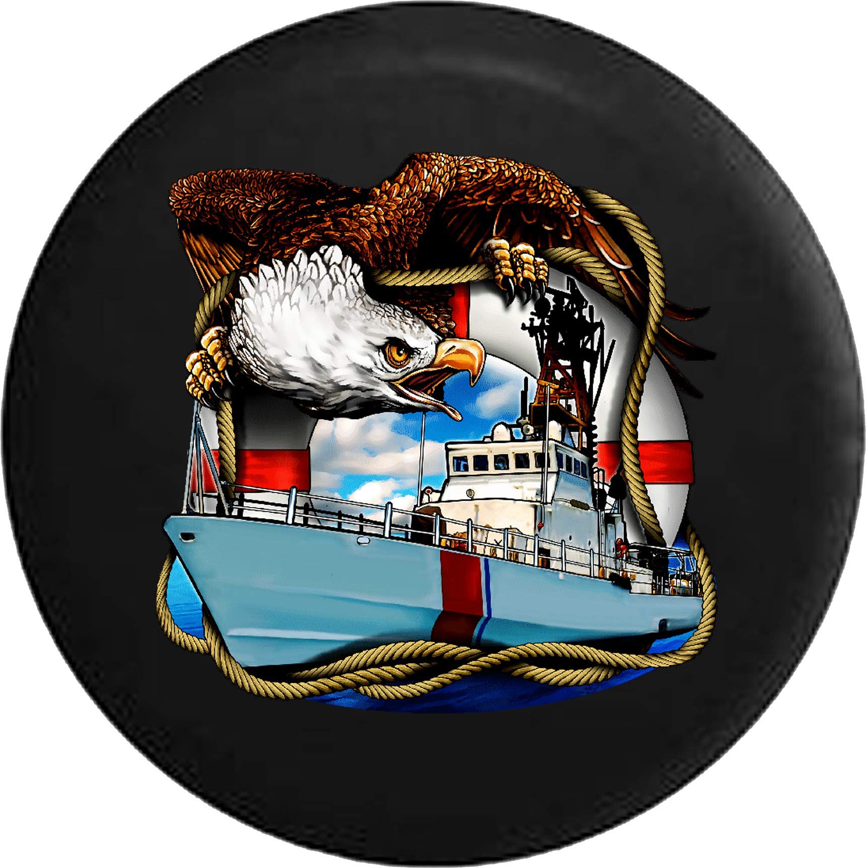Universal 32 Inch Black MUD Tire Cover with US Coast Guard Rope & Eagle Design - Perfect for Off-Road Adventures, Camping & Truck Protection