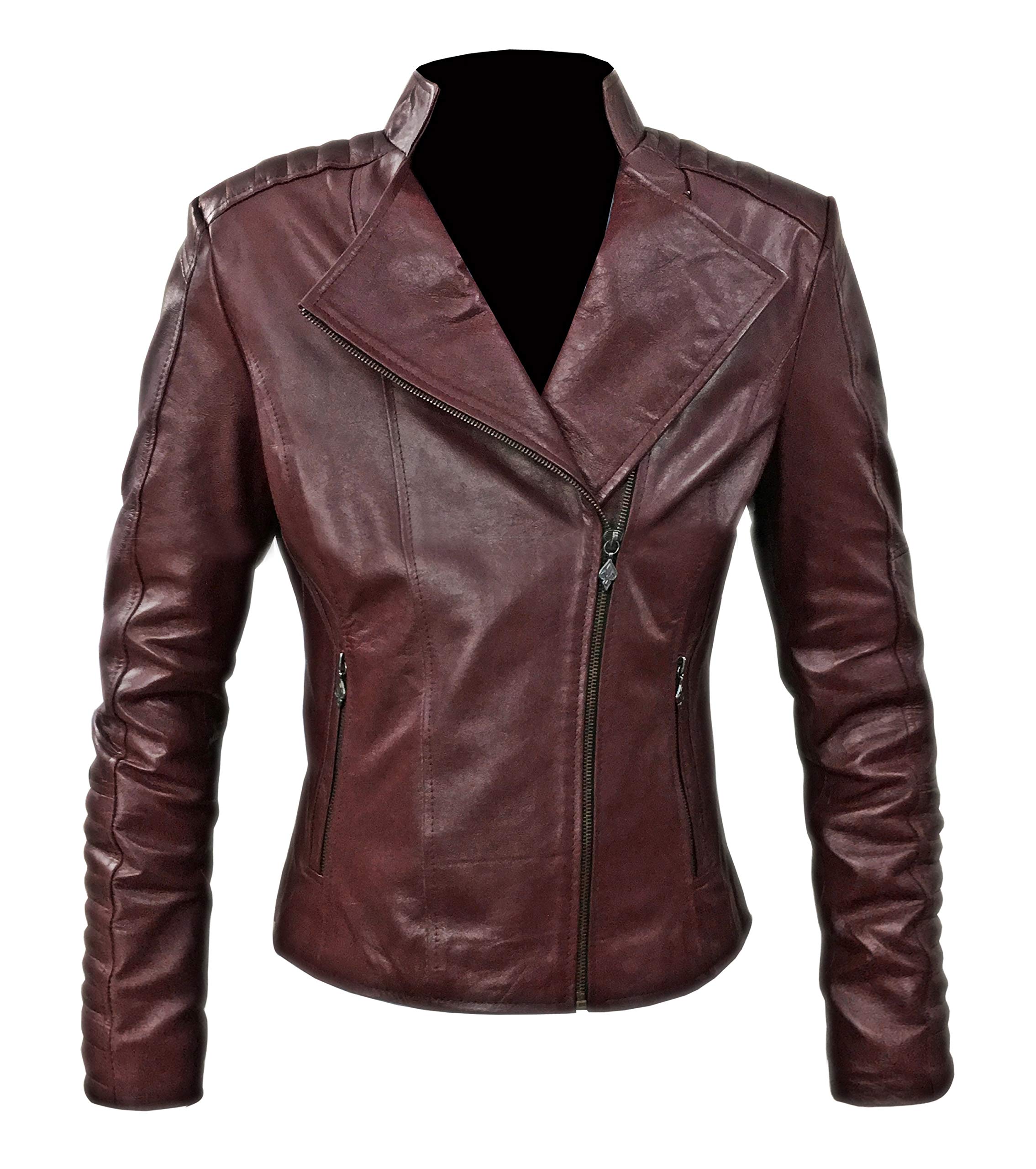 So-Shway Women's Maroon Leather Jacket - Stylish Moto Biker Jacket for Women - Genuine Leather Outerwear - Perfect for Motorcycle Riding, Night Out & Casual Wear