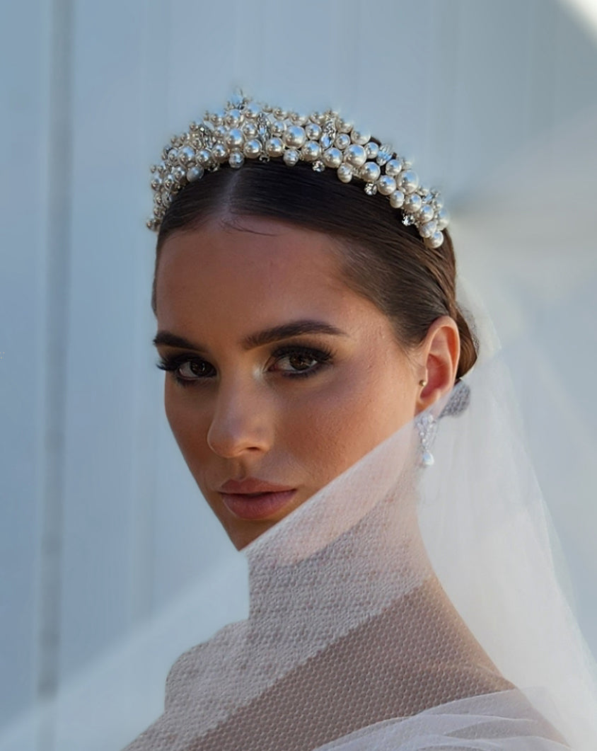Elegant Bridal Headpiece with Dramatic Pearl Encrusted Crown | Pearlin by Kezani | Perfect for Weddings, Prom & Special Occasions