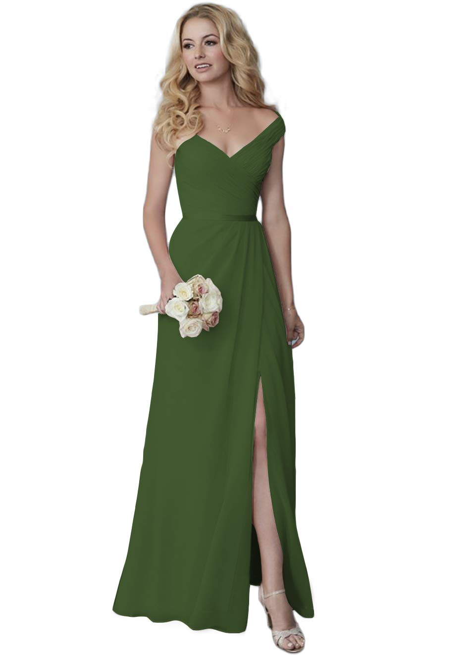 Elegant V-Neck A-Line Chiffon Bridesmaid Dress with Pleats & Side Slit - Perfect for Weddings, Formal Parties & Special Occasions