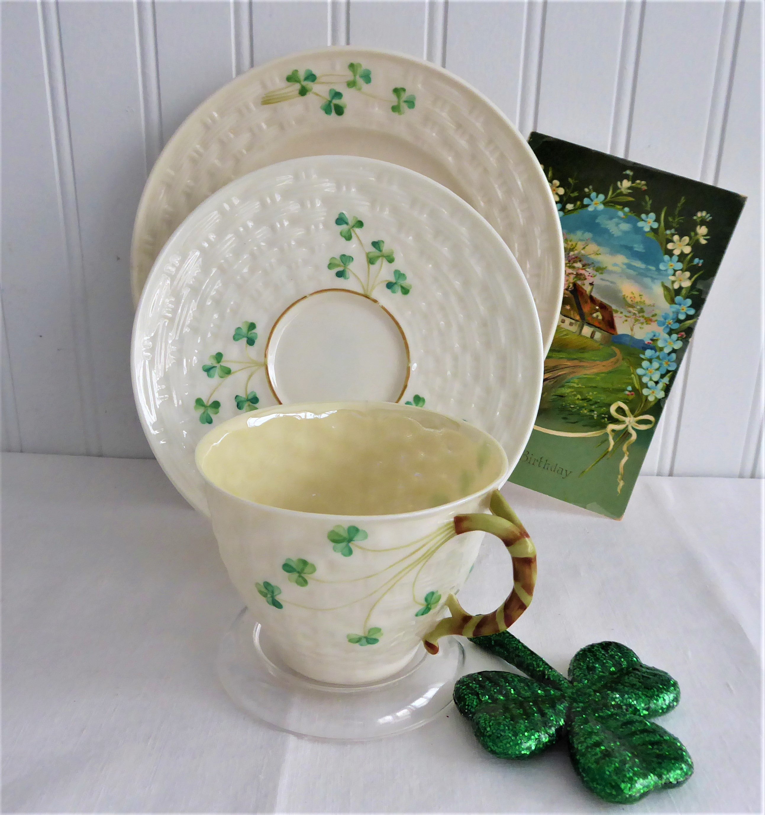 Vintage Irish Belleek Teacup Trio Set - Handcrafted Basket Weave Design with Shamrocks (1950s 4th Green Mark) - Perfect for Afternoon Tea, Collectible Irish Porcelain, Wedding Gift