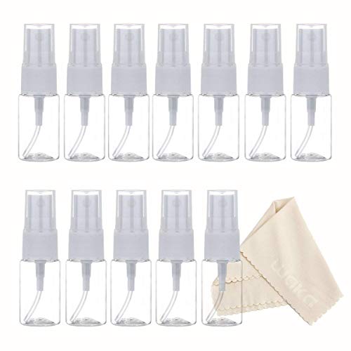 12 Pack 0.35oz/10ml Empty Clear Plastic Fine Mist Spray Bottles - Travel Size Refillable Mini Spray Containers for Essential Oils, Perfume, Cleaning Solutions + Includes Microfiber Cloth | Perfect for DIY Beauty, Home Cleaning & On-The-Go Use