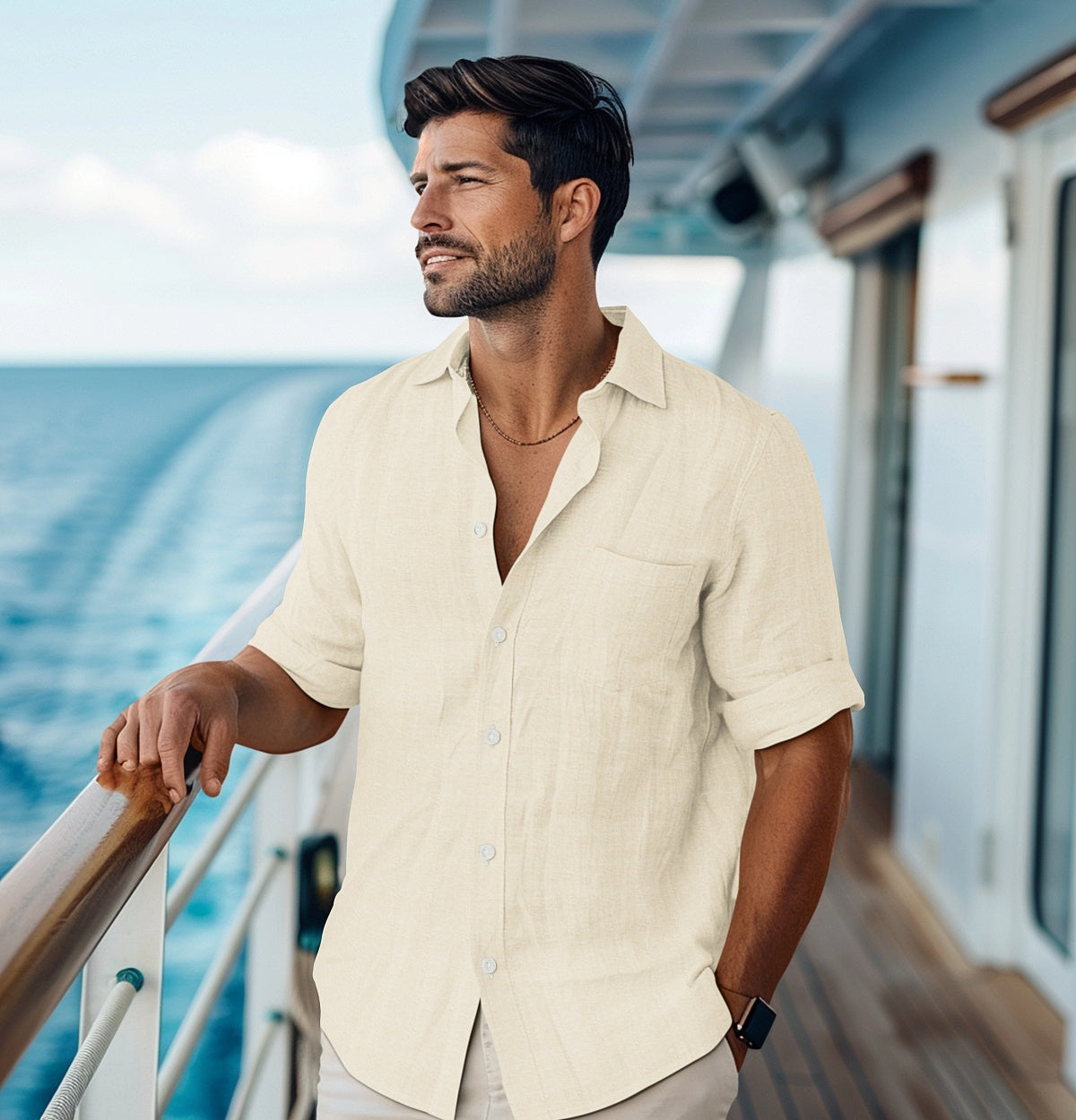 Premium Long Sleeve Linen Shirt for Men - Light Beige Casual Button Down Shirt - Breathable & Comfortable for Summer, Office Wear & Outdoor Activities