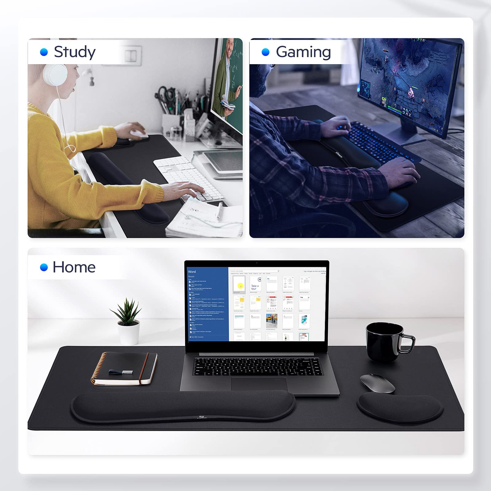 Gimars 3-in-1 Memory Foam Mouse Pad & Keyboard Wrist Rest Set - Ergonomic Support for Typing, Gaming & Office Work - 31.5x12 Inch Large Desk Mat - Black - Perfect for Pain Relief & Comfort During Long Computer Sessions