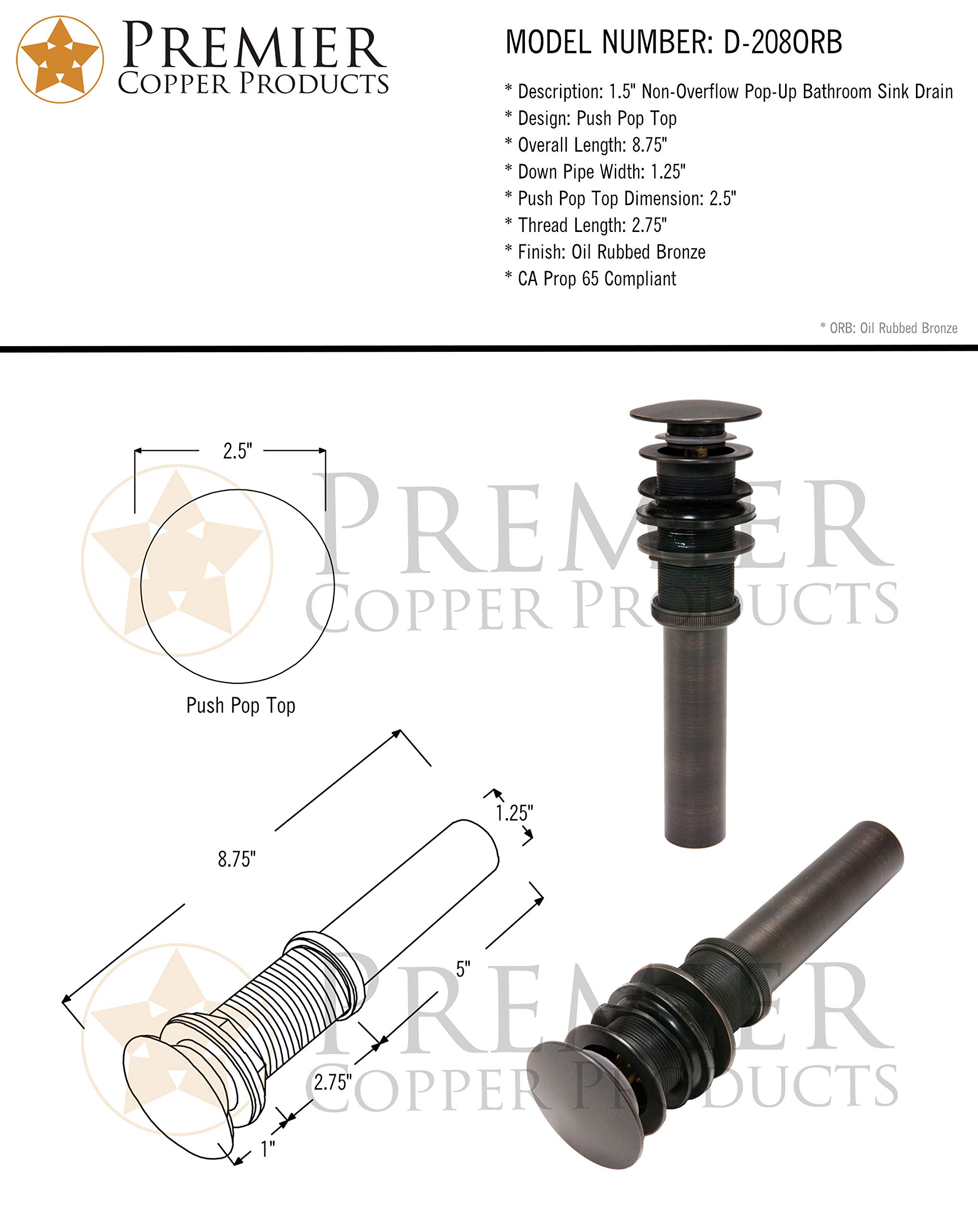Premier Copper Products D-208ORB 1.5-Inch Non-Overflow Pop-Up Bathroom Sink Drain in Oil Rubbed Bronze - Perfect for Bathroom Vanities, Vessel Sinks & Modern Home Decor