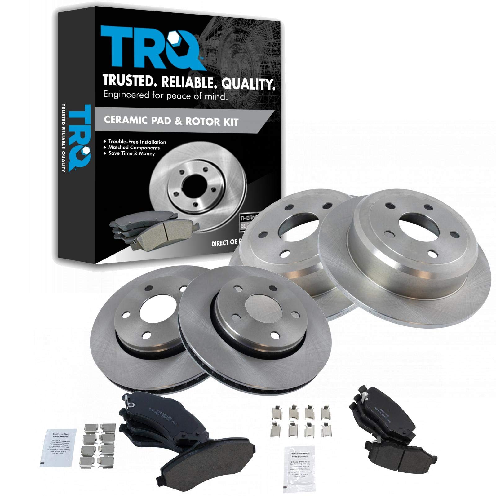 TRQ Front and Rear Brake Pad & Rotor Kit - Ceramic Brake Pads & Rotors Compatible with 2007-2018 Jeep Wrangler JK - Perfect for Off-Roading & Daily Driving