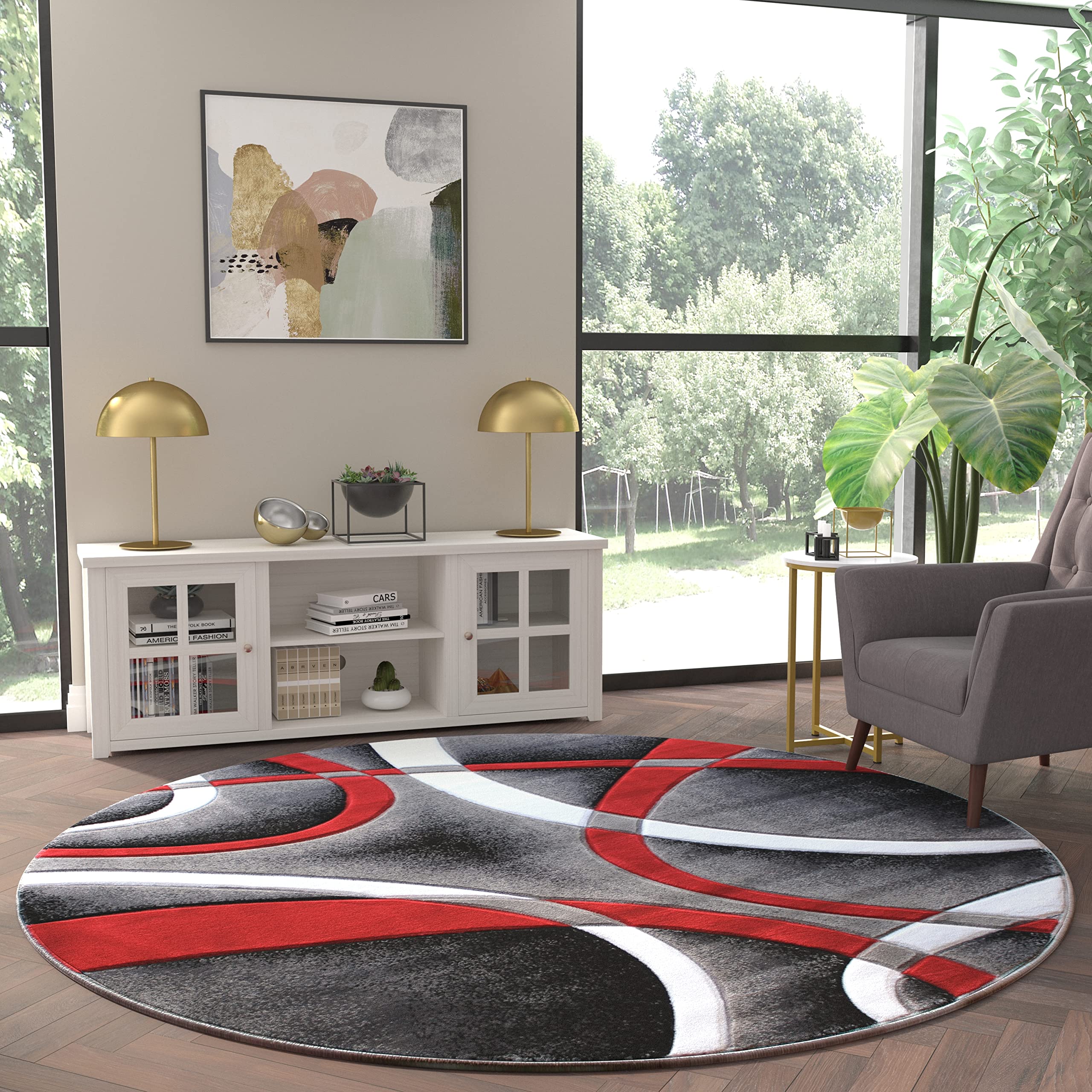 EMMA + OLIVER Cambre Olefin Accent Rug - Modern Abstract Arch Design - 8x8 Round Soft Plush Rug with Jute Backing - Waterproof & Stain Resistant - Easy to Clean - Perfect for Living Room, Bedroom or Office Decor