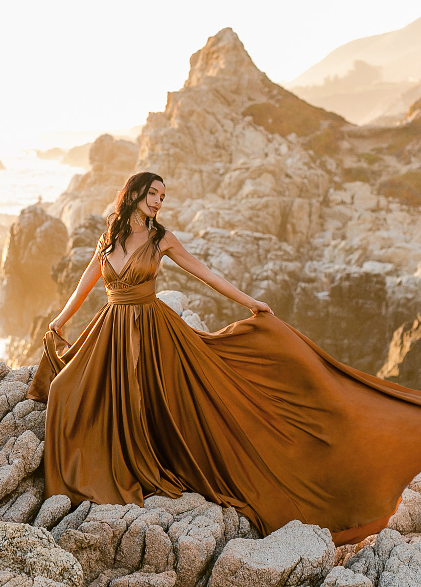 June Impact Dress in Dark Honey - Elegant Flowy Midi Dress for Women, Perfect for Summer Weddings, Parties & Date Nights