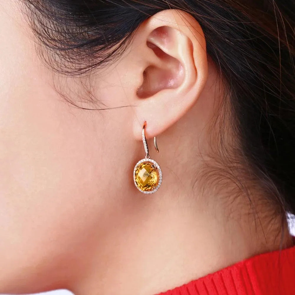 10KT/470 Rose Gold 7.91ct Natural Citrine & 0.36ct Round Cut Diamond Engagement Earrings for Women - Perfect for Weddings, Anniversaries & Special Occasions