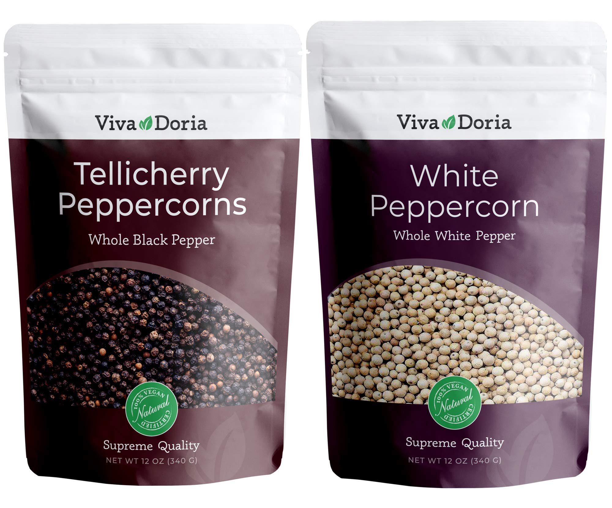 Viva Doria Tellicherry Black Peppercorns & Whole White Peppercorns - 12 Oz Each - Premium Grinder Refill for Cooking, Baking & Gourmet Dishes