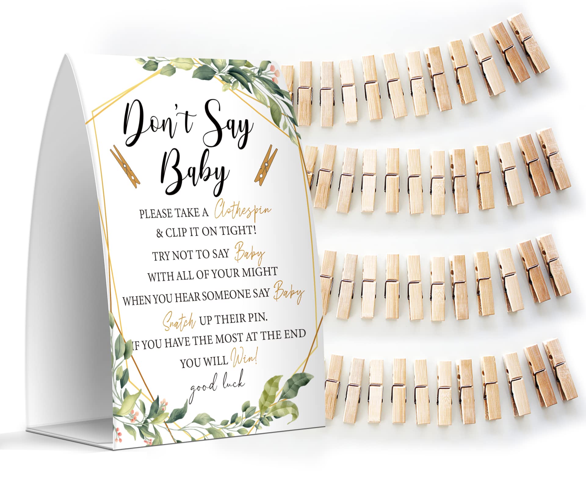 Gender Neutral Baby Shower Game Set - 5x7 Sign & 50 Mini Clothespins for Baby Shower Decorations & Don't Say Baby Game - Perfect for Coed Baby Showers, Gender Reveals & Nursery Decor - MsJb013