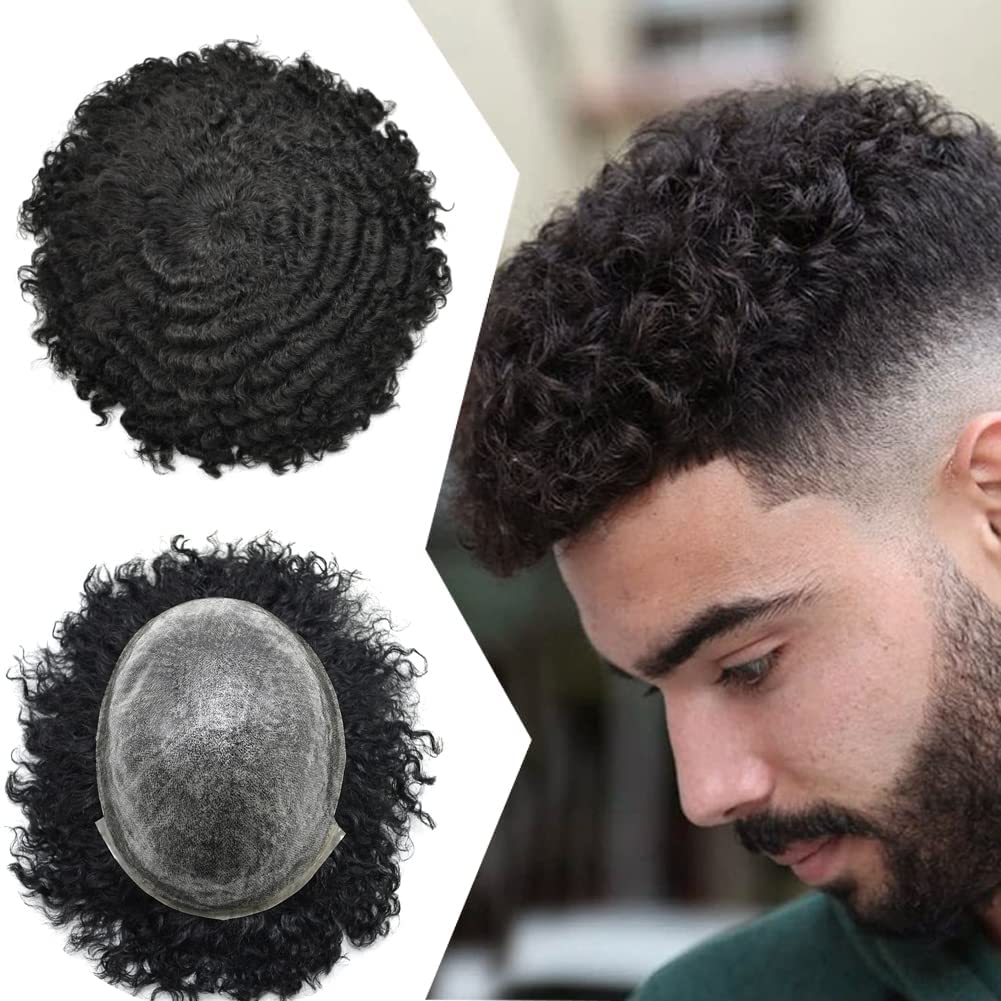 Afro Toupee for Black Men - 8''X10'' Brazilian Human Hair Unit | Kinky Coily Curly Hairpiece | 10MM Afro Wave #1 Jet Black | Perfect for Daily Wear, Cosplay & Special Events