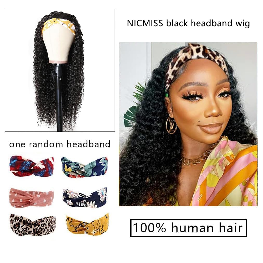 16 Inch Deep Wave Human Hair Headband Wig - Glueless No Lace Front Brazilian Virgin Hair Wig for Black Women | 150% Density Natural Black | Perfect for Daily Wear, Parties & Protective Styling